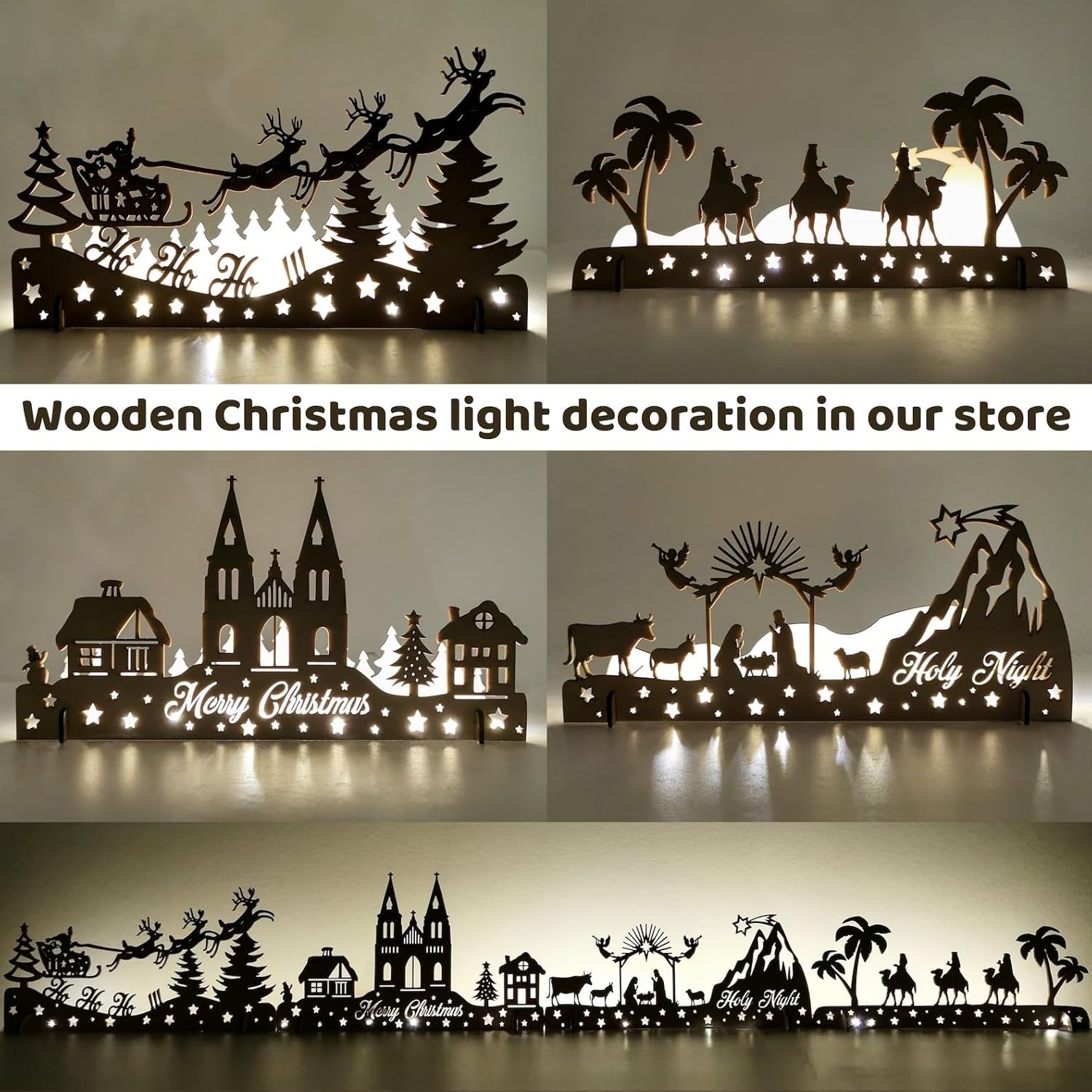 Pine Wood Christmas Village Scene Rustic Winter Town Decoration (11.8 x 6.15 Inch)