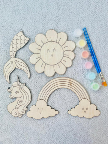 4 Pcs DIY Wooden Painting Kit for Kids | Unicorn, Mermaid, Rainbow & Sun Shapes