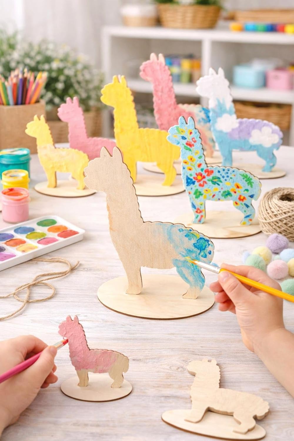 10 Pcs Wooden Alpaca Figures with Stand | Unfinished Wood DIY Painting Craft Kit