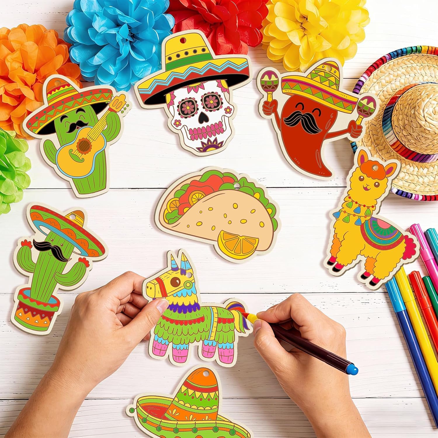 12 Pcs Cinco De Mayo Wooden Cutouts for DIY Craft | Mexican Fiesta Theme Unfinished Wood Shapes for Painting
