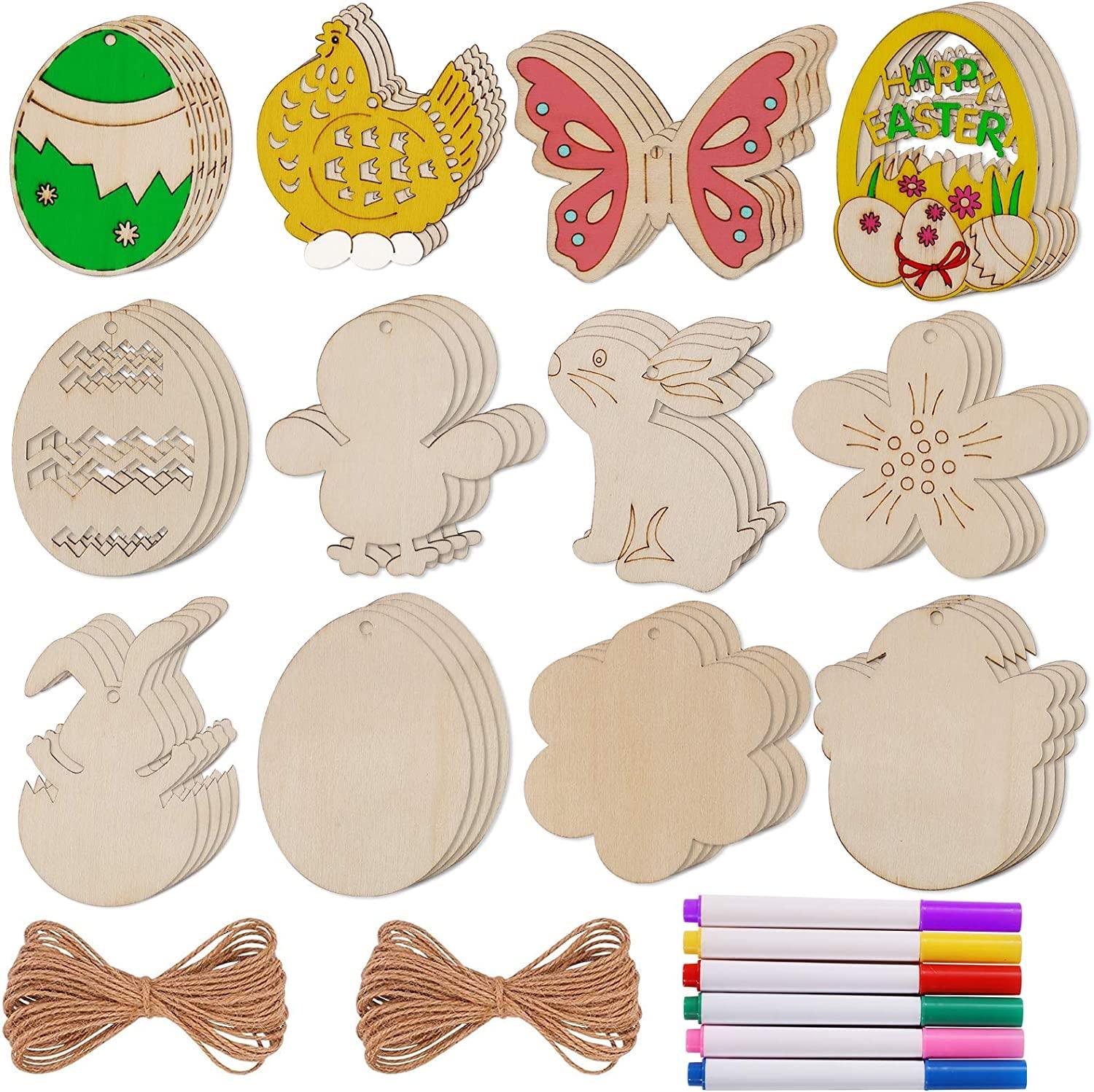 Haoser 12PCS Easter Wood Cutouts for Crafts Easter Unfinished Ornaments DIY with Bunny to Paint for Kids Easter Party Decorations Decor Hanging Egg Shapes with Hole. - Haoser