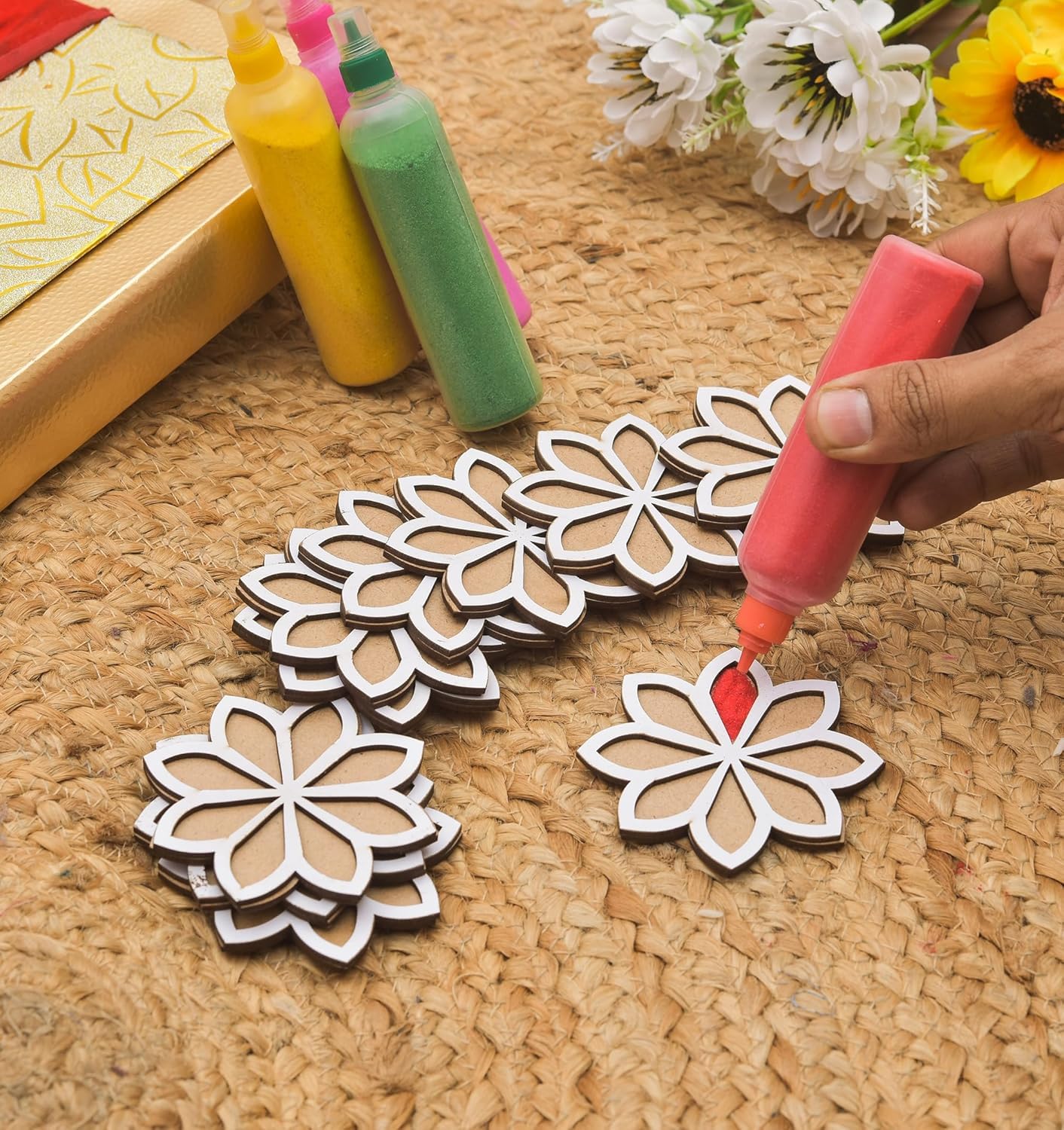 Pack of 12 Wooden Diwali Craft Cutouts – 2.7mm Pine MDF Swastik, Lotus, Feet & Diya Shapes for DIY Painting, Home Temple Wall Hanging, Festive Wedding Decoration & Rangoli Borders (3x3 Inch)