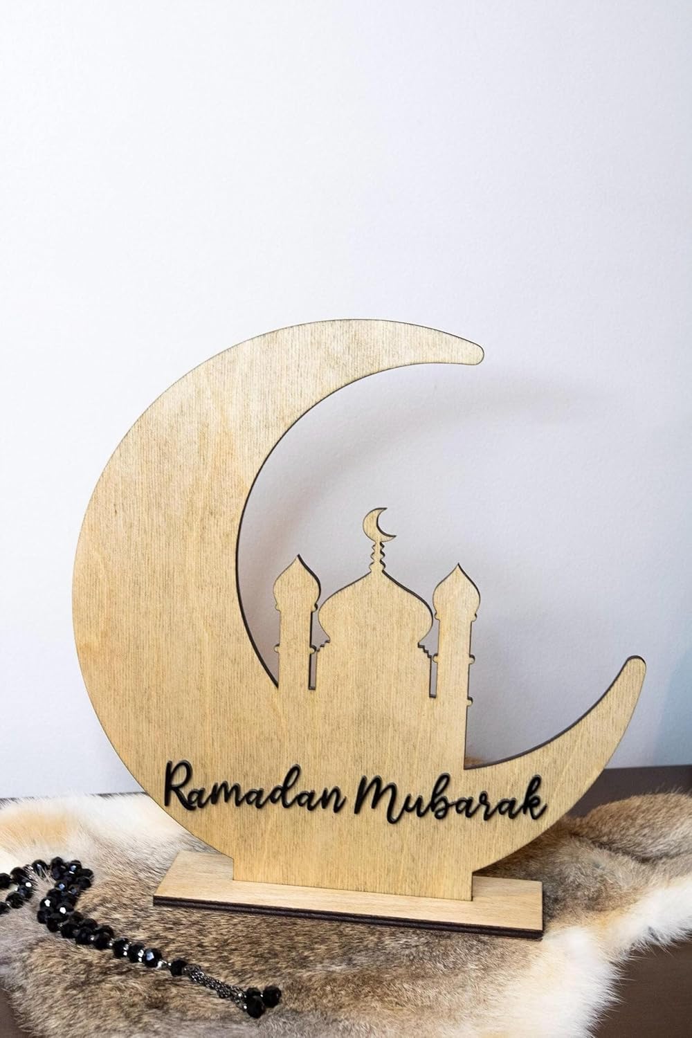 Ramadan Mubarak Wooden Table Decor | Islamic Crescent Moon Mosque Design | Wooden Ramadan Home Decoration