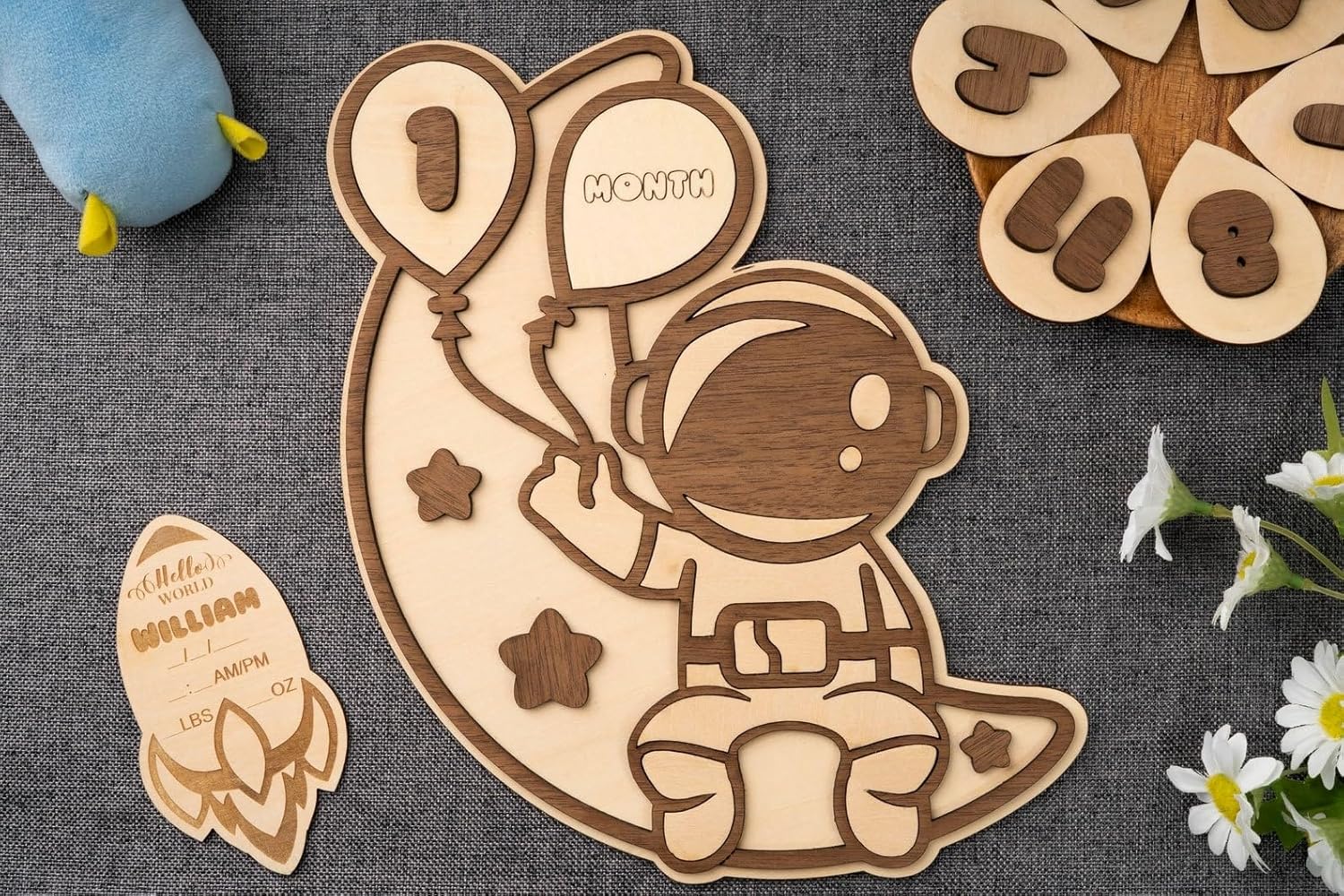 Wooden Baby Milestone Cards Astronaut Theme | 10 x 7 Inch Moon Baby Milestone Photo Prop