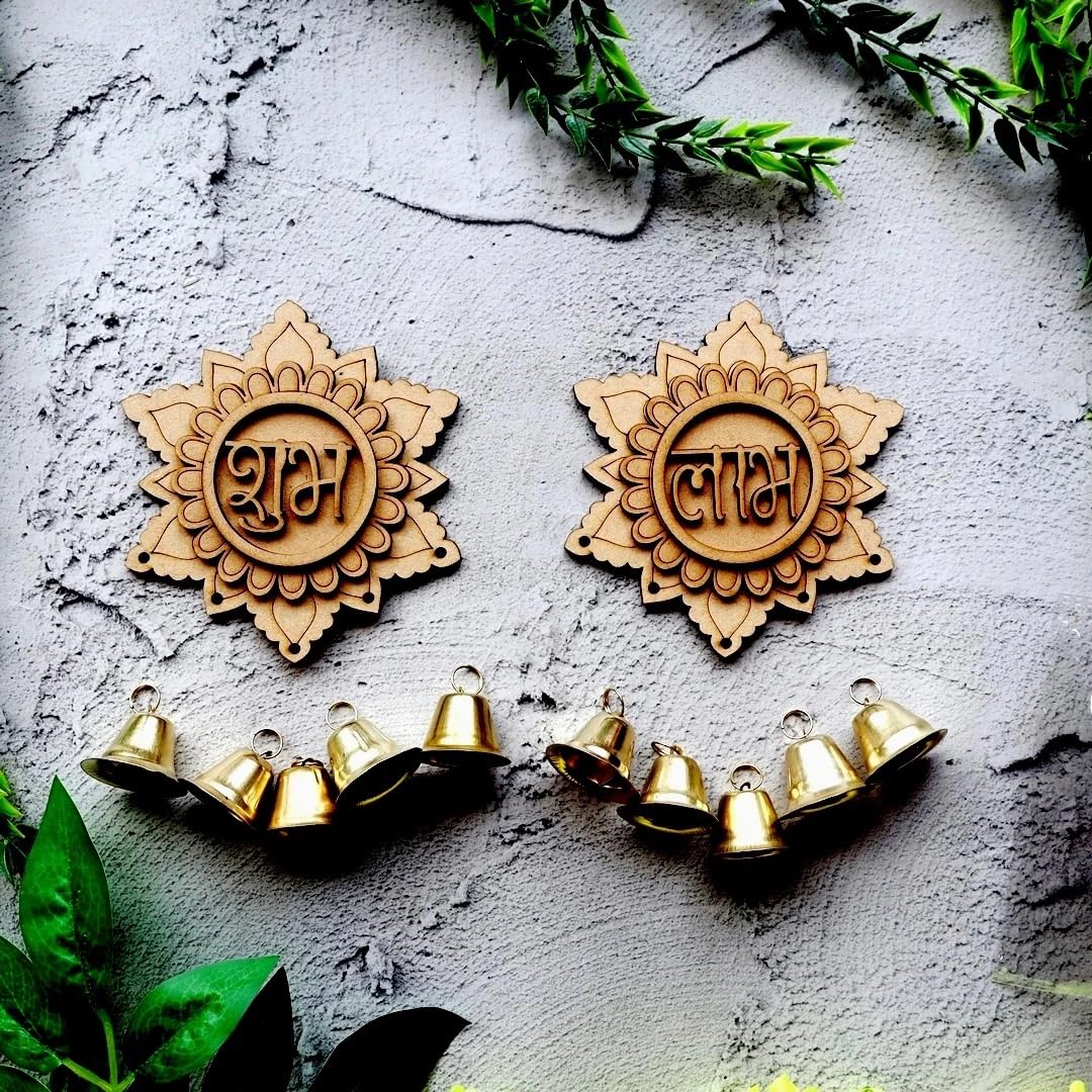 Pair of 6 MDF Hanging Shubh Labh for Diwali Decoration – 2 Layered, 6 Shubh 6 Labh Door Hanging Cutouts for Home Pooja Temple Decor 4x3.15 Inch
