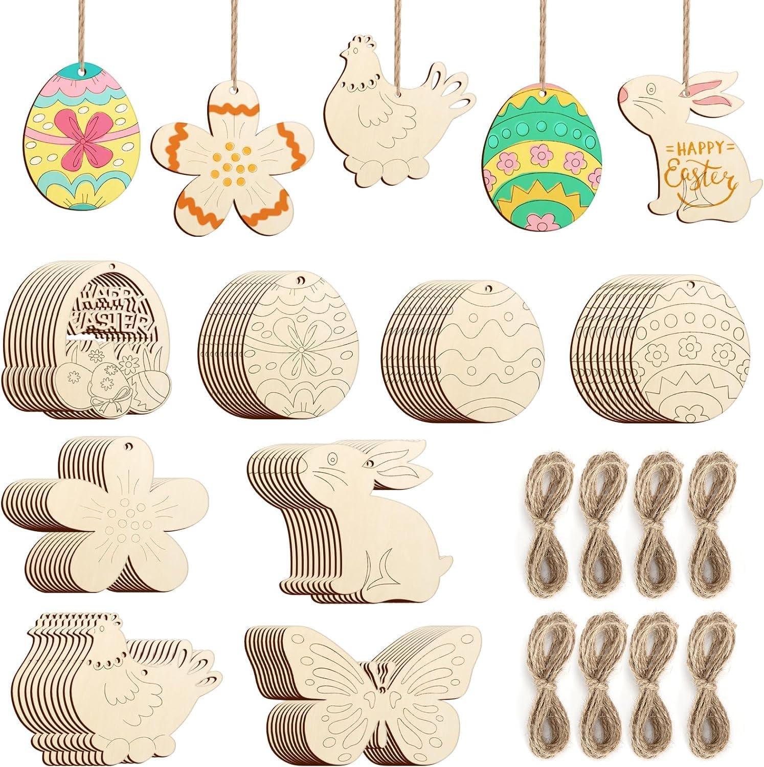 Haoser 18 PCS Wooden Easter Ornaments to Paint, 8 Styles DIY Blank Unfinished Wood Cutouts Ornament for Crafts Hanging Decorations, Egg Rabbit Bunny Butterfly Flower Hen Happy - Haoser