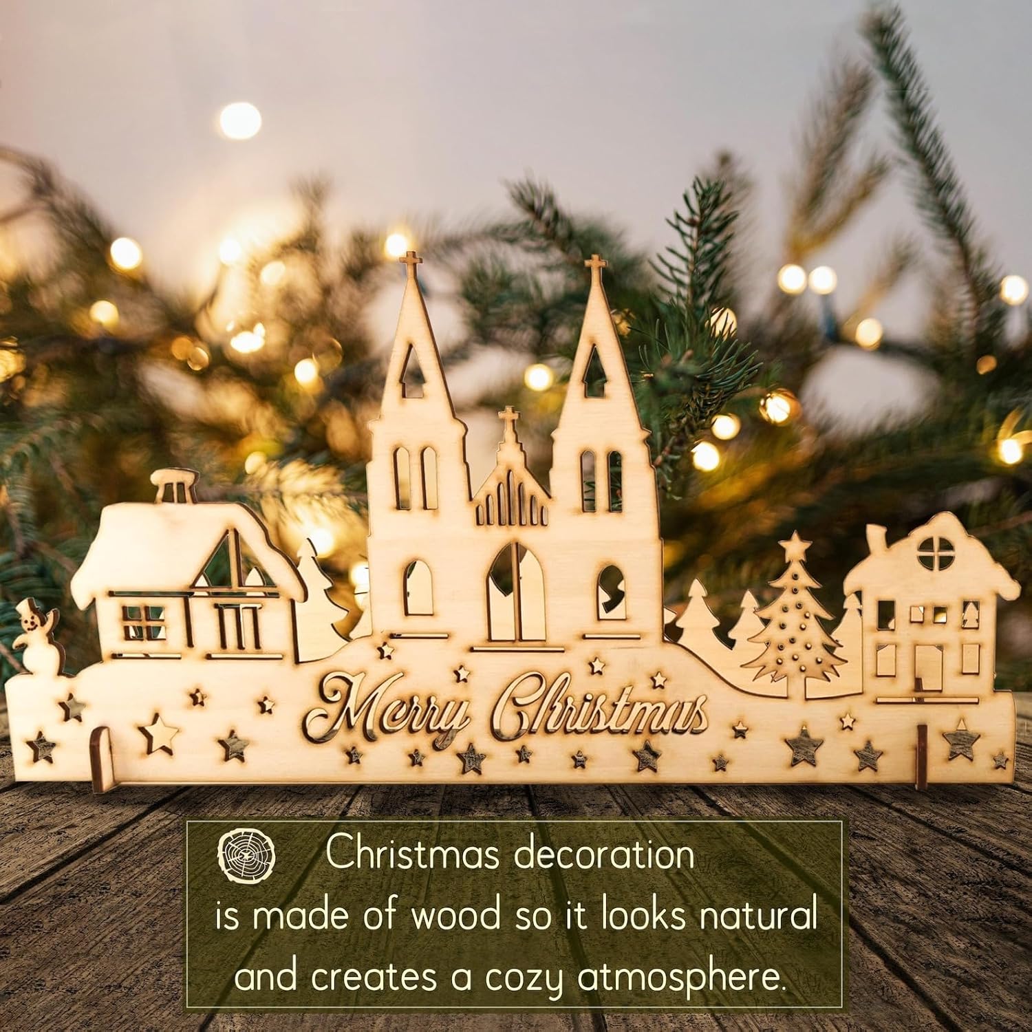 Pine Wood Christmas Village Scene Rustic Winter Town Decoration (11.8 x 6.15 Inch)