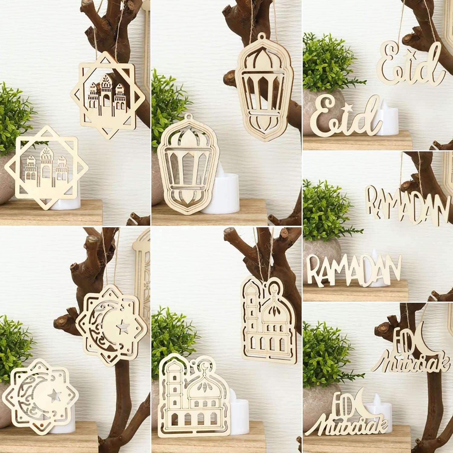 Haoser Set of 10 Eid Special Wooden Pendants, Islamic Festival Decorations, Crescent Moon and Star Design, Handcrafted Eid Mubarak Gifts, Wooden Eid Ornaments, Ramadan and Eid Home Decor (DGN-5) - Haoser