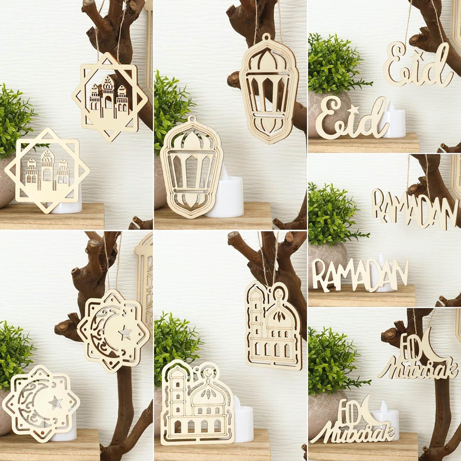 Haoser Set of 10 Eid Special Wooden Pendants, Islamic Festival Decorations, Crescent Moon and Star Design, Handcrafted Eid Mubarak Gifts, Wooden Eid Ornaments, Ramadan and Eid Home Decor - Haoser