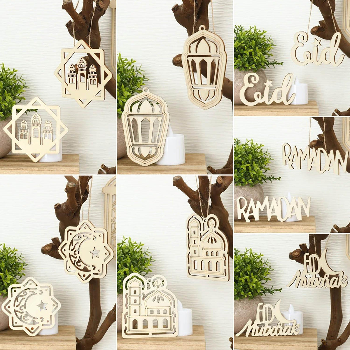 Haoser Set of 10 Eid Special Wooden Pendants, Islamic Festival Decorations, Crescent Moon and Star Design, Handcrafted Eid Mubarak Gifts, Wooden Eid Ornaments, Ramadan and Eid Home Decor - Haoser