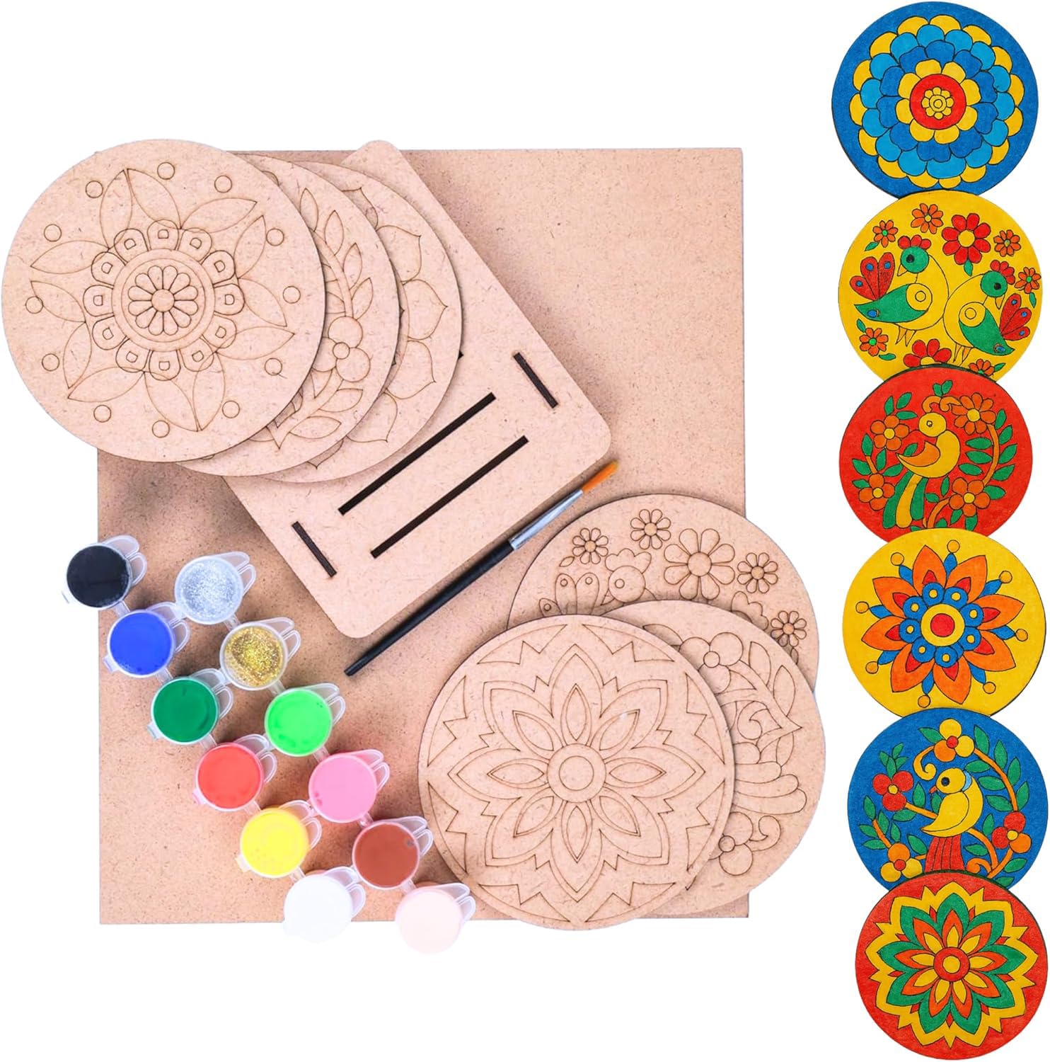 Set of 6 DIY Mandala Art Coaster Painting Kit | Pre-Marked Wooden Coasters