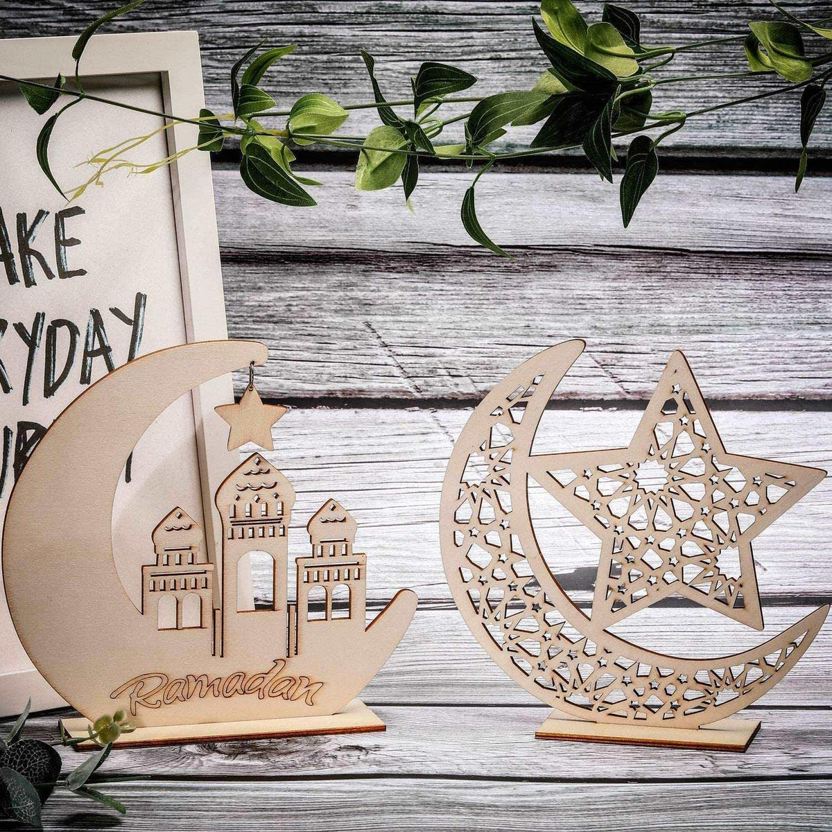 Set of 2 Ramadan Wooden Ornament Eid Hanging Plaque Ornaments Moon Hollow Star Ornament for Ramadan Eid Mubarak Party Home Room Table Art Craft Decoration. - Haoser
