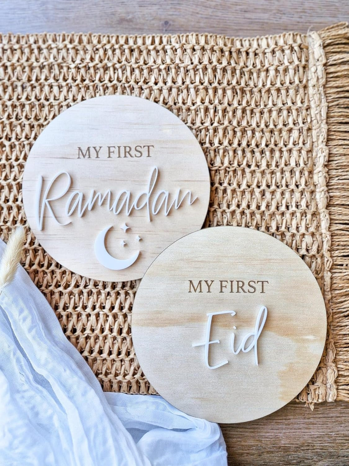 Pack of 2 My First Ramadan & My First Eid Plaque – Baby’s First Ramadan Sign, Islamic Baby Announcement Decor, Wooden Eid Photo Prop, Newborn Muslim Gift – 4 Inch