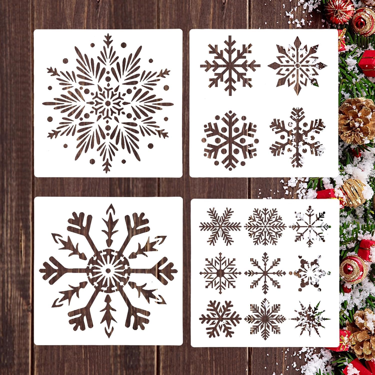 4 Pcs Christmas Snowflake Stencils | Reusable Plastic Winter Snowflake Templates for Crafts