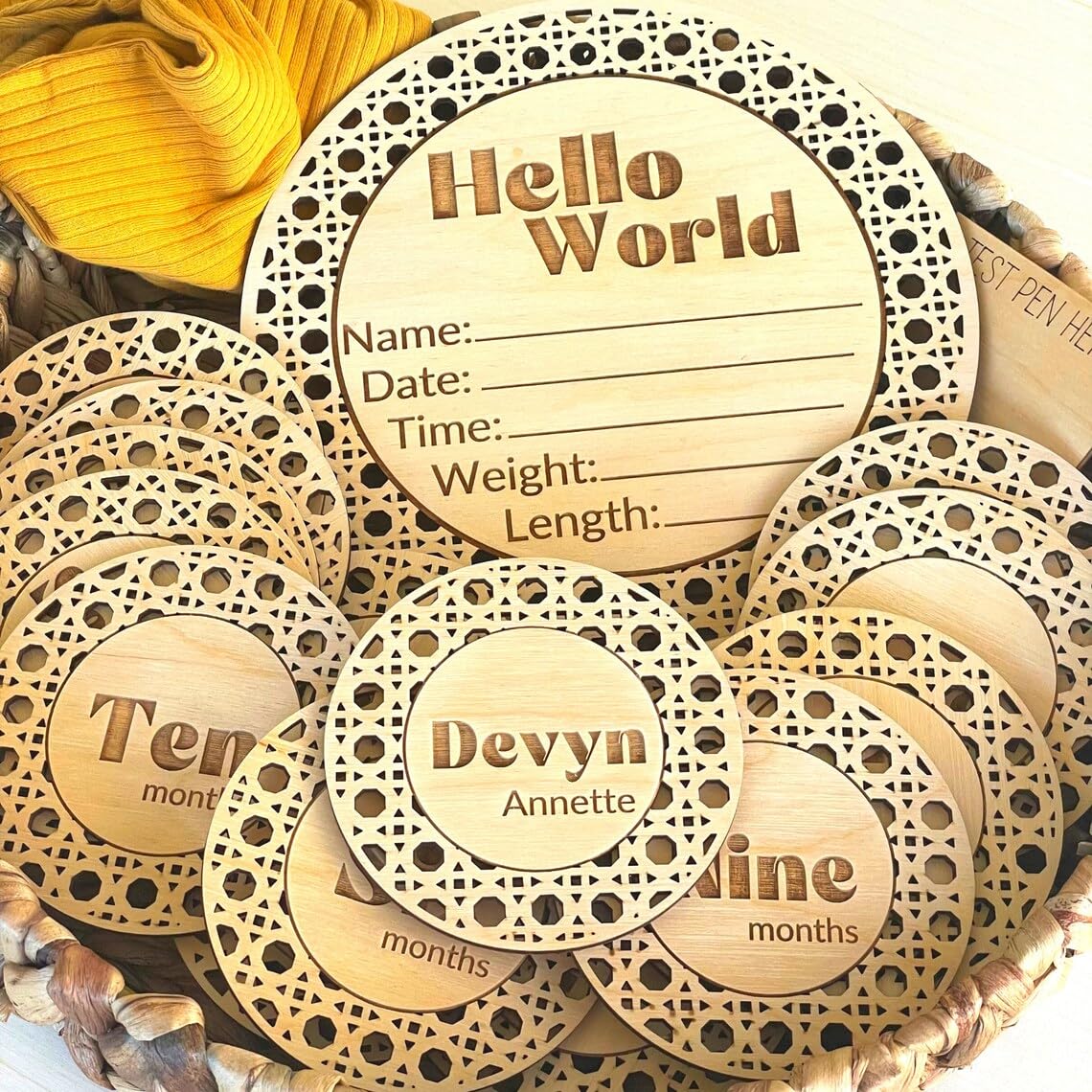 Pack of 14 Boho Baby Monthly Milestone Cards, Wooden Photo Props