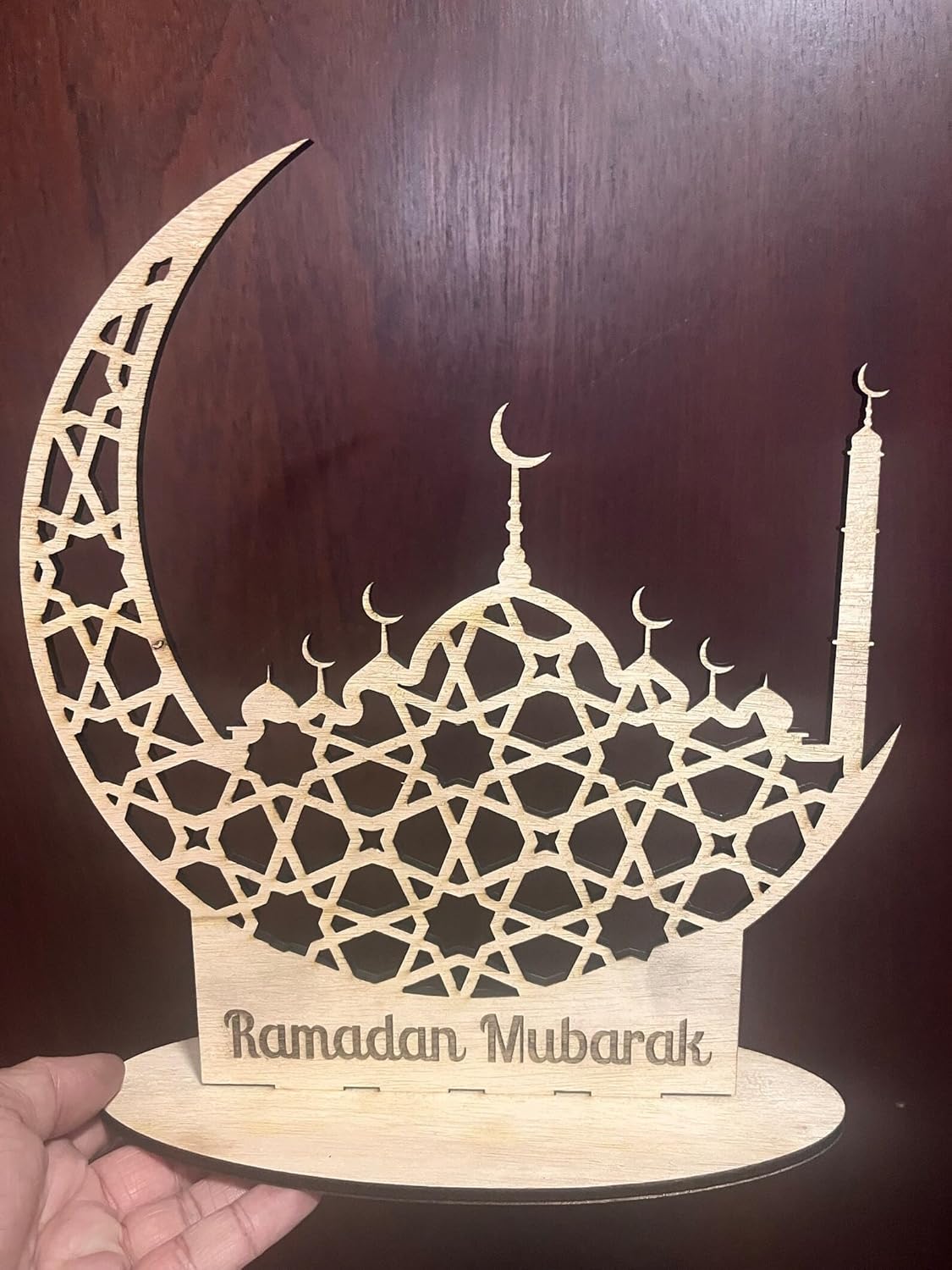 Wooden Ramadan Mubarak Mashrabiya Crescent Moon Masjid Table Decor | Islamic Home Decoration | Ramadan & Eid Tabletop Display | 12 Inch