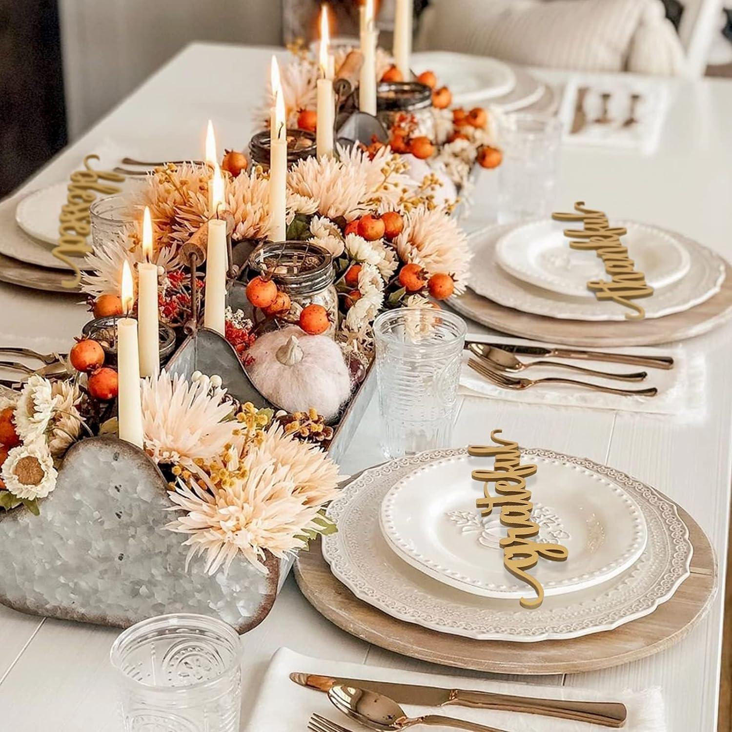 Haoser Thanksgiving Gold Wooden Table Word Place Setting 5 PCS Thankful Grateful Blessed Gather Home Tablescape Words Laser Cut Wood Plate Letter Sign Farmhouse Table Signs Decor Dining - Haoser