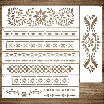 8 Pcs Border Stencils for Painting – Indian Inlay Reusable Plastic Stencil Templates for Wall, Table, Furniture