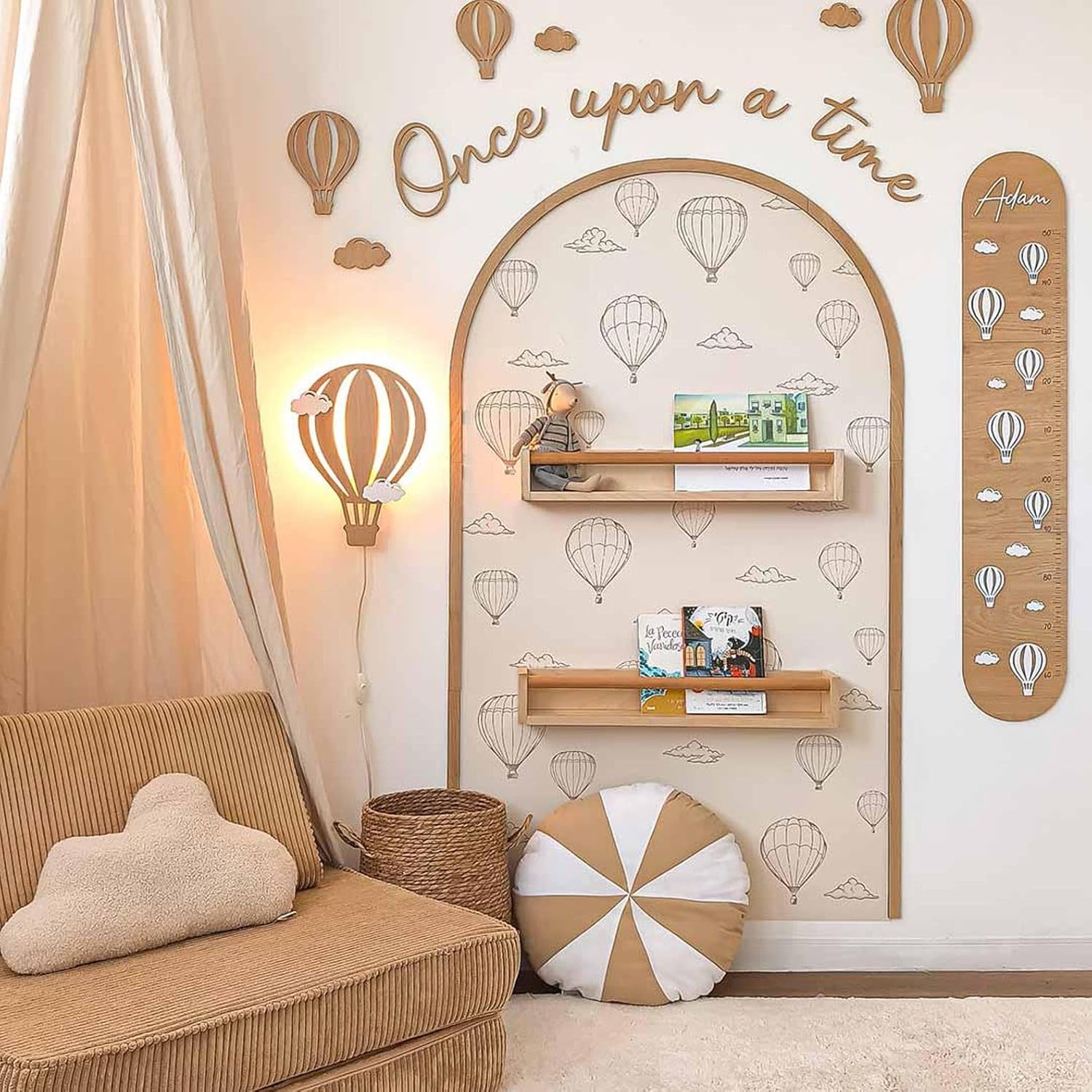 6 Pcs Wooden Hot Air Balloon Wall Decor with Clouds | Nursery Baby Room Decoration