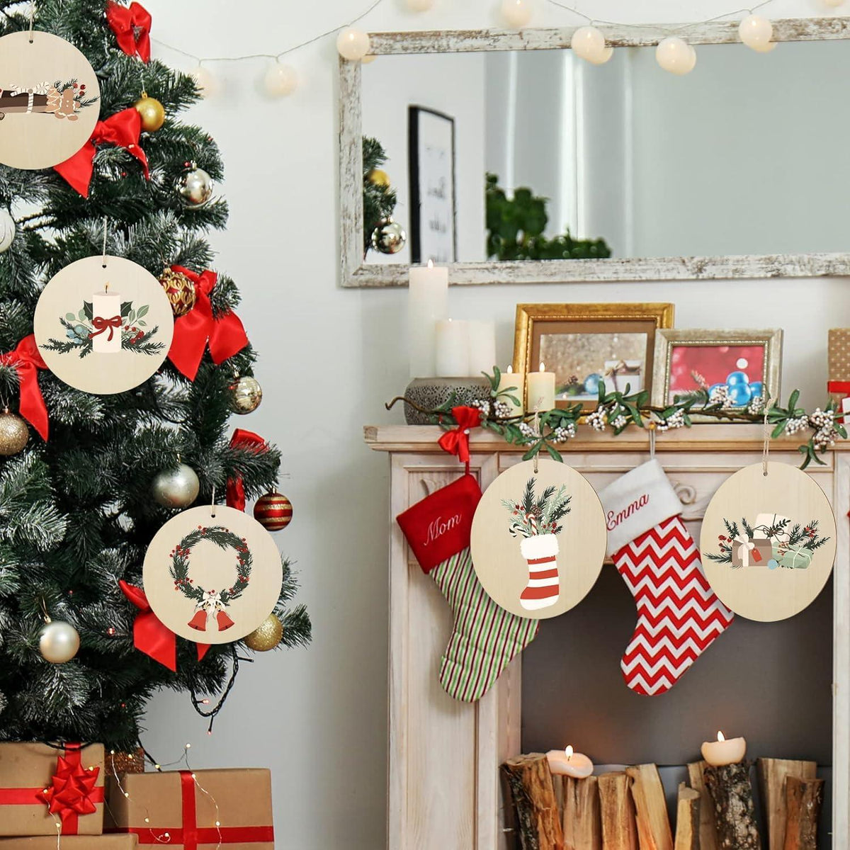 Curious Button 5 Pieces Unfinished Wooden Round Style Hanging Ornament for DIY Home Decoration, MDF Cutouts, Perfect Wooden Cutouts for Home Decor, Charming Wooden Hanging Ornaments (7x7IN) - Haoser