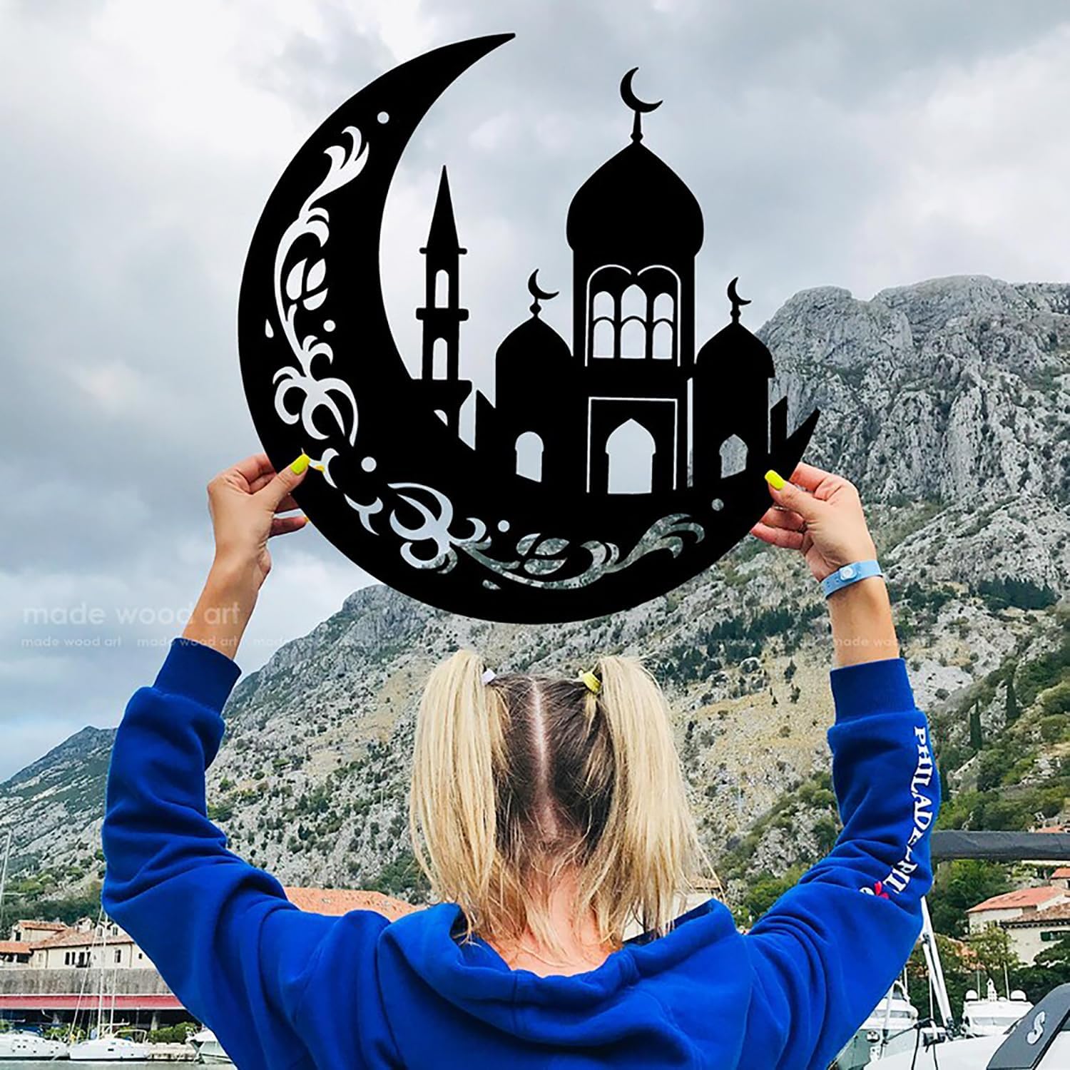 Islamic Wall Art Wooden Crescent Moon Mosque Design | Ramadan Eid Mubarak Home Decor