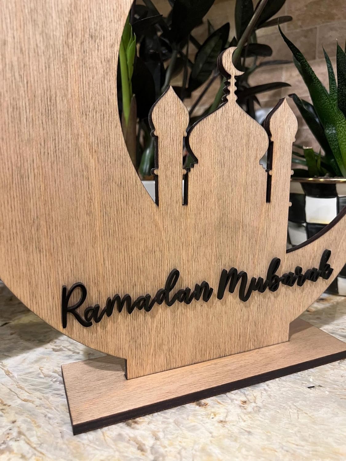 Ramadan Mubarak Wooden Table Decor | Islamic Crescent Moon Mosque Design | Wooden Ramadan Home Decoration