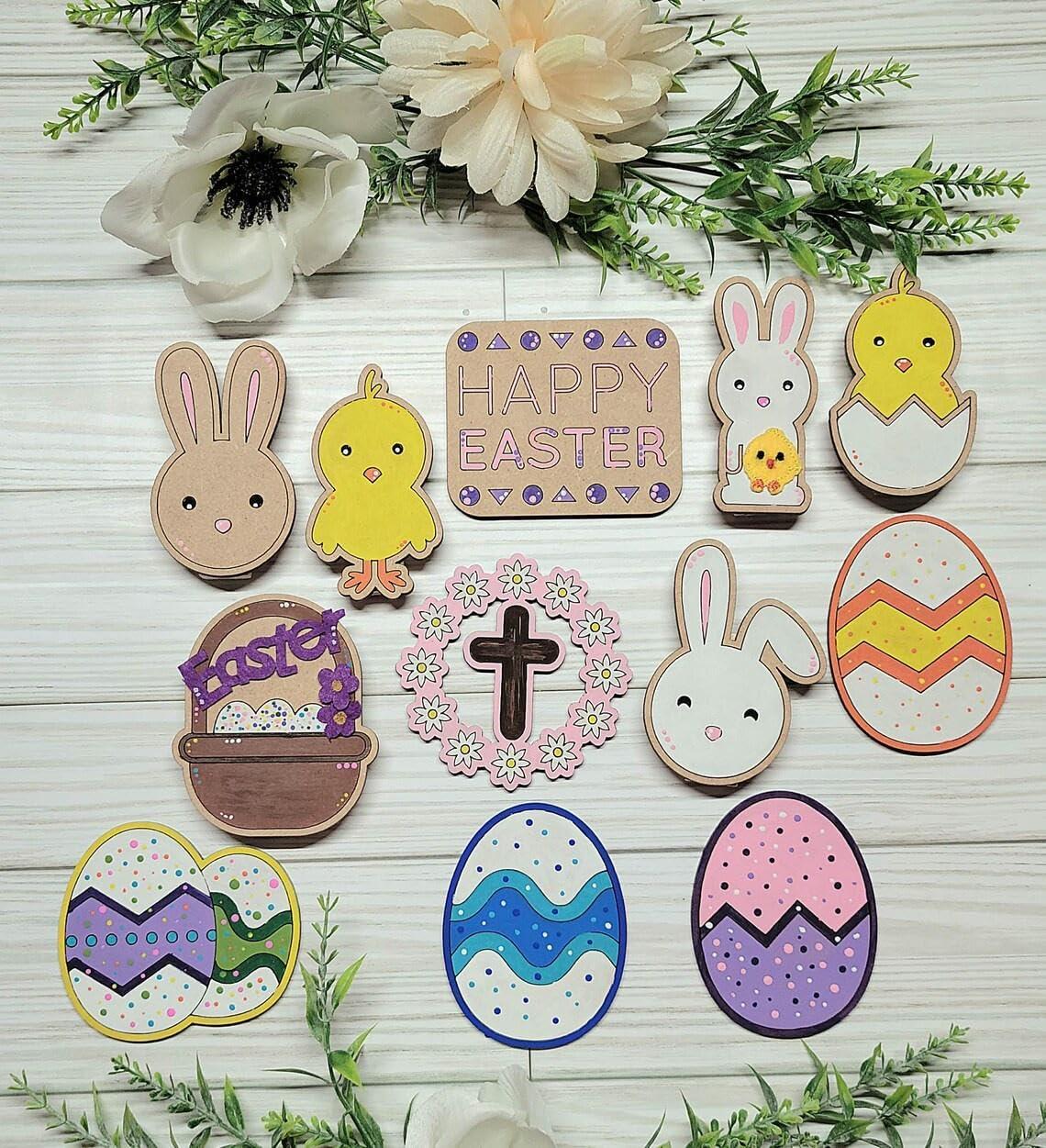 Haoser Pack of 14 Pieces Easter Crafts Wooden Ornaments Unfinished Crafts Wood Hanging Ropes Egg Bunny Chicken Flower Shape for DIY Kids Easter Party Decoration Supplies - Haoser