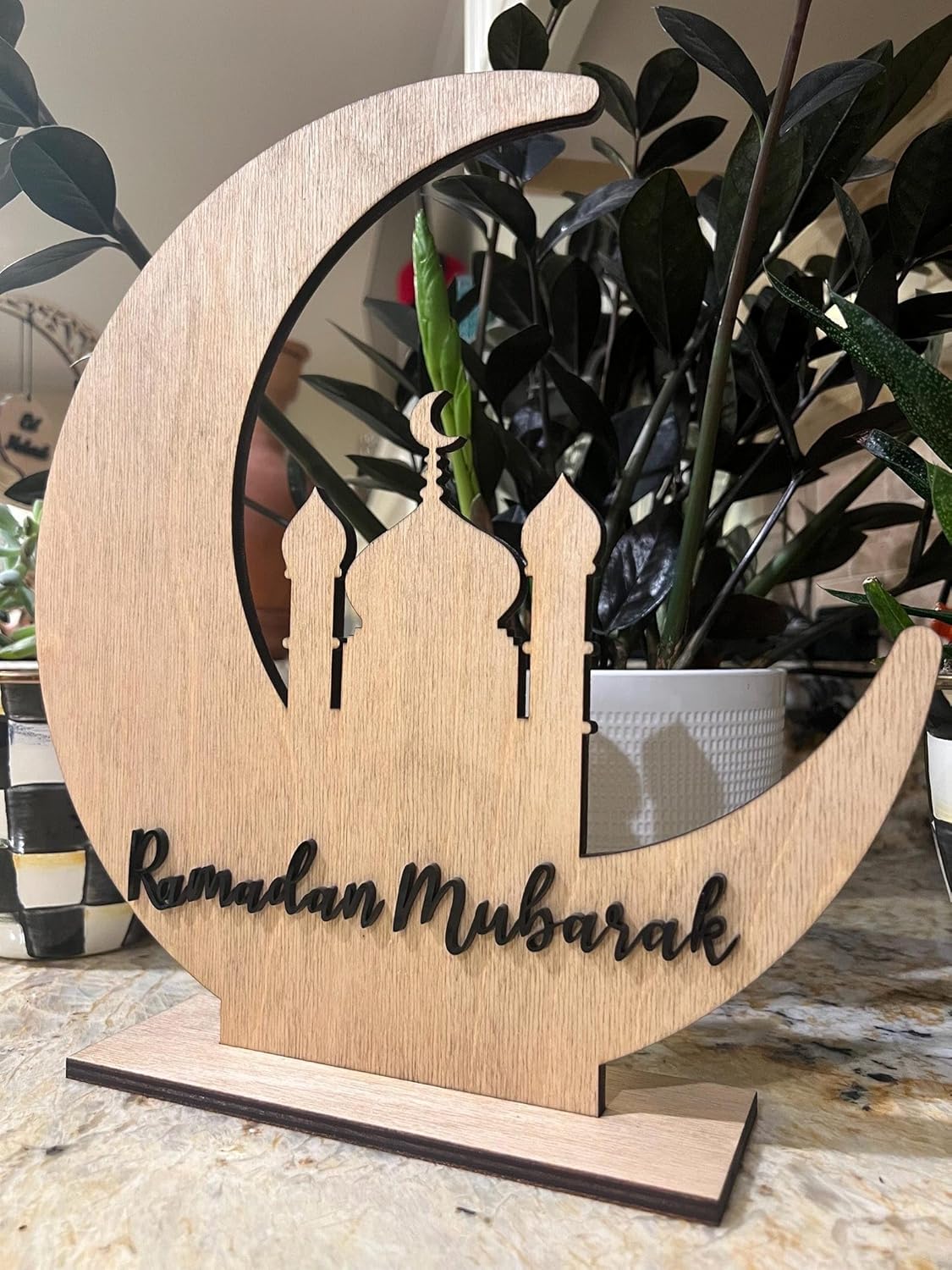 Ramadan Mubarak Wooden Table Decor | Islamic Crescent Moon Mosque Design | Wooden Ramadan Home Decoration