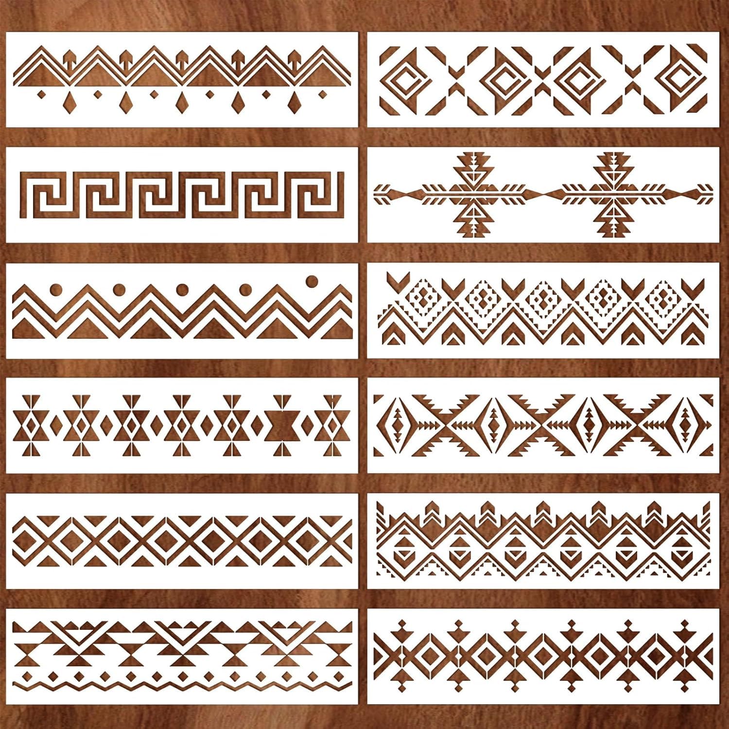12 Pcs Boho Borders Pattern Stencil – Reusable Aztec Geometric Stencils for Painting