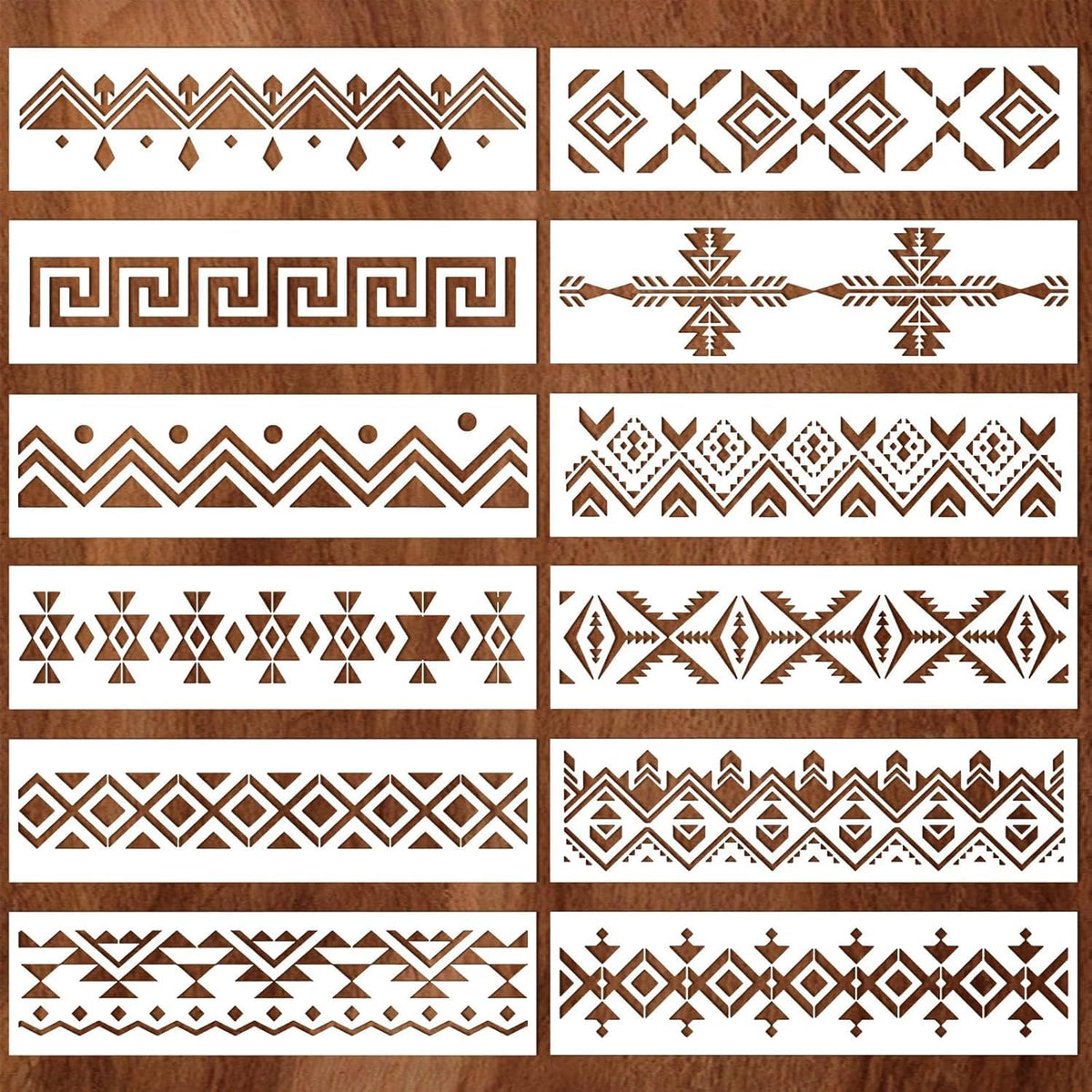 12 Pcs Boho Borders Pattern Stencil – Reusable Aztec Geometric Stencils for Painting