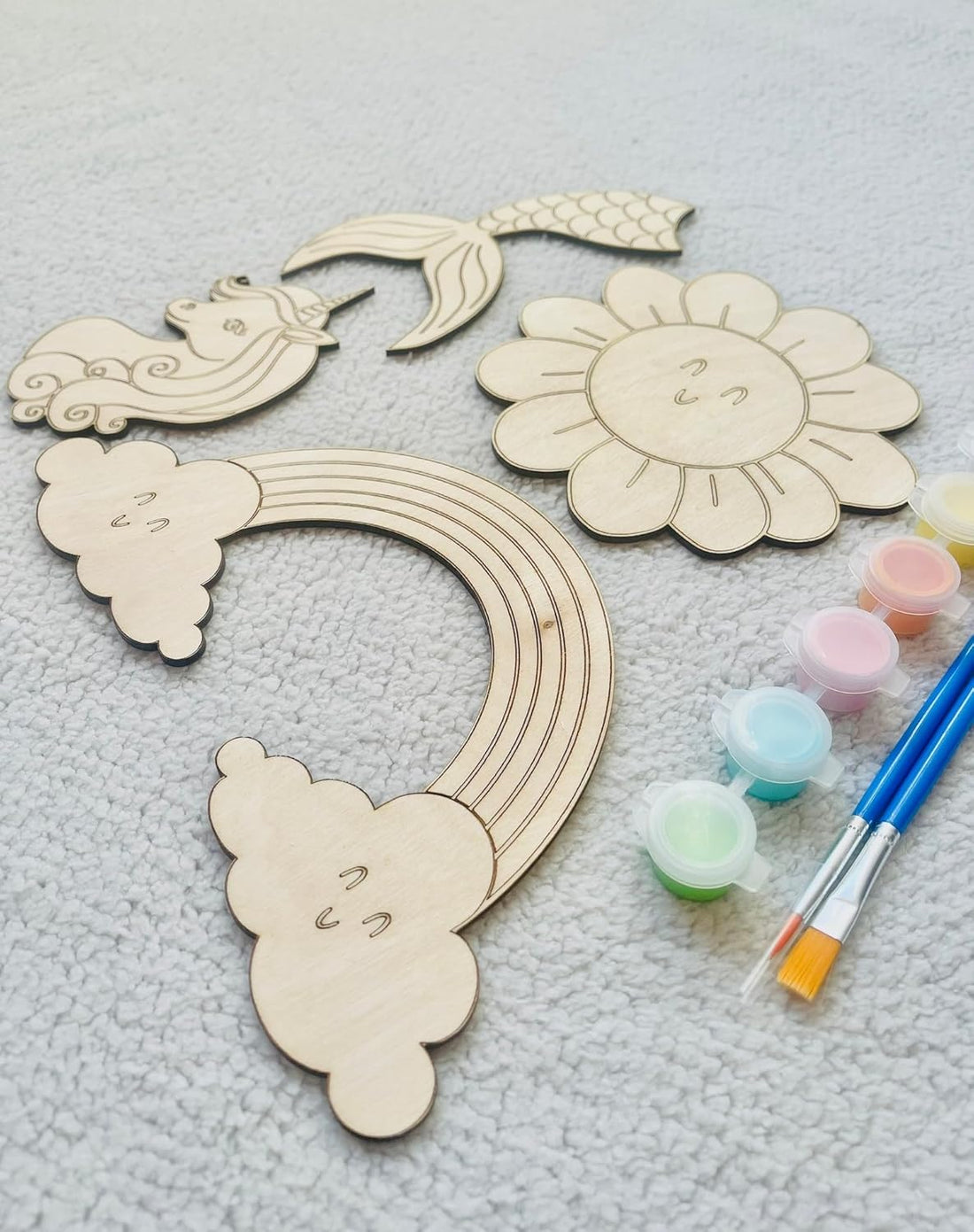 4 Pcs DIY Wooden Painting Kit for Kids | Unicorn, Mermaid, Rainbow & Sun Shapes
