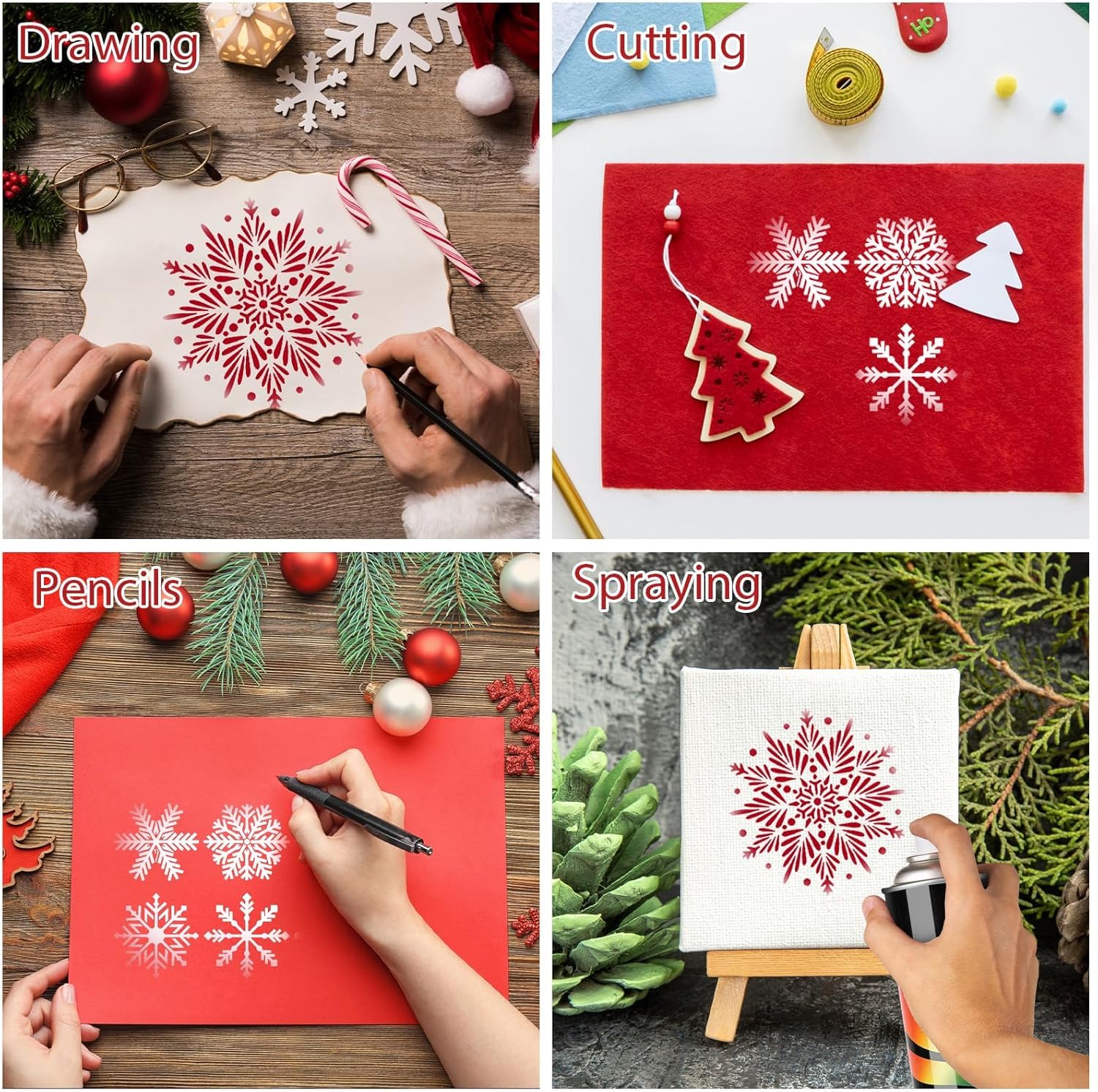 4 Pcs Christmas Snowflake Stencils | Reusable Plastic Winter Snowflake Templates for Crafts