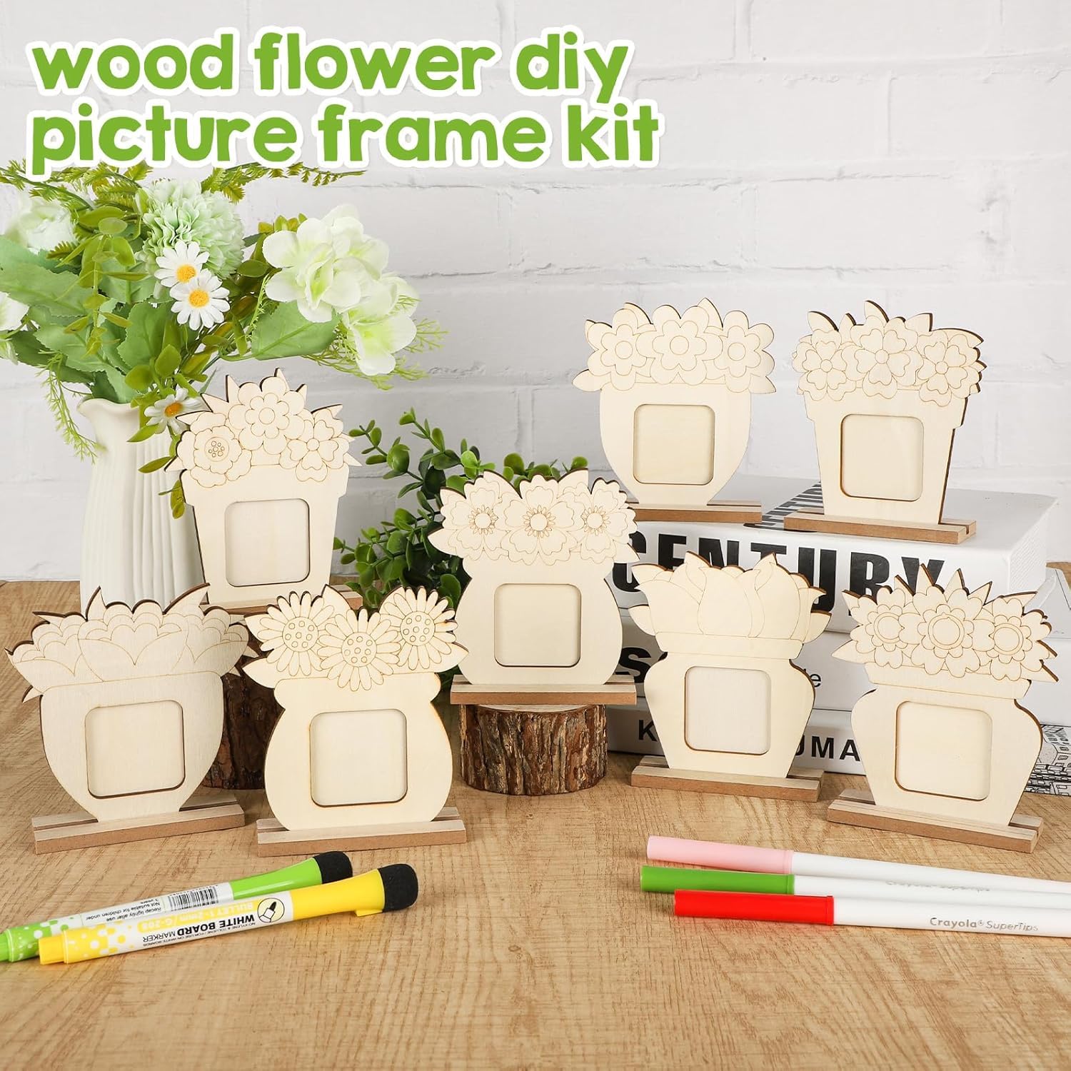 8 Pcs Flower Spring Wood Crafts to Paint, Wooden Flowers Picture Frame for Craft, Unfinished Spring Picture Frame Craft