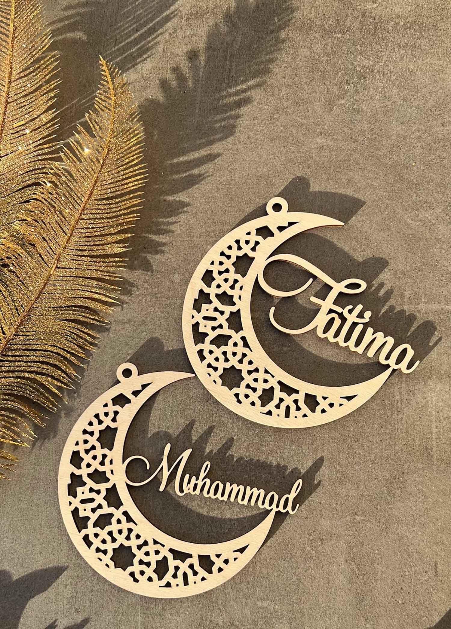Curious Button Wooden Ramadan Moon Custom Name Eid decors, Mubarak sign, Ramadan sign, Eid Moon Custom Text Ramadan Gift (25cm) - Haoser