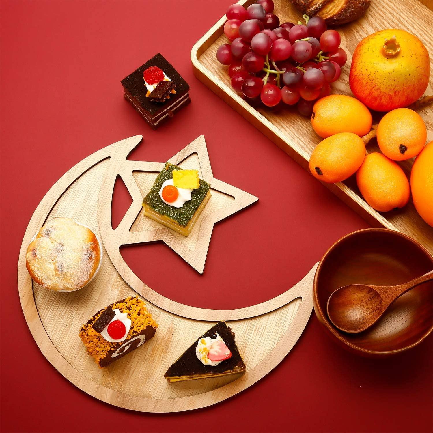 Haoser 2 Sets Ramadan Wood Tray Moon Wooden Star Tableware Eid Mubarak Party Serving Tableware for Breakfast Dinner Dessert Pastry Display Holder Decoration Ornament - Haoser
