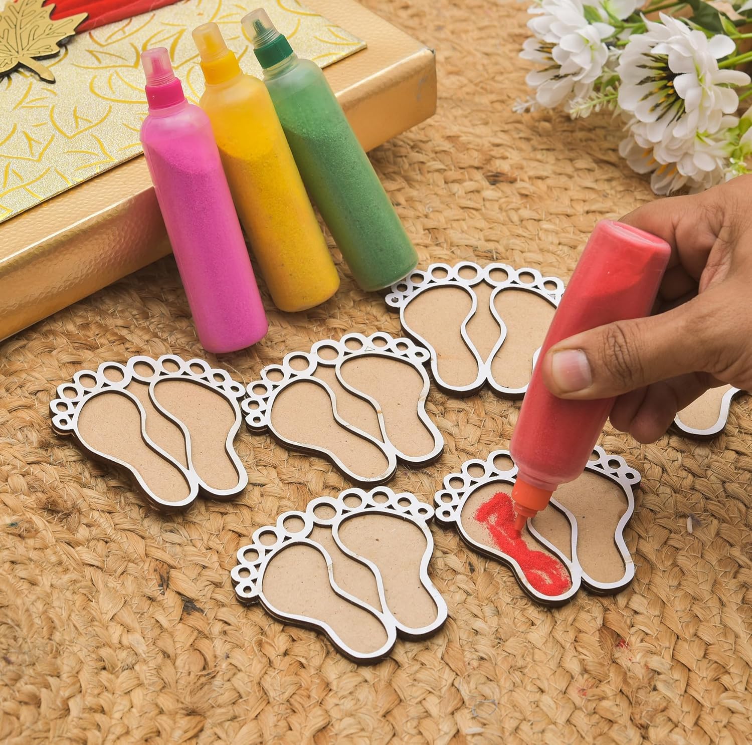 Pack of 12 Wooden Diwali Craft Cutouts – 2.7mm Pine MDF Swastik, Lotus, Feet & Diya Shapes for DIY Painting, Home Temple Wall Hanging, Festive Wedding Decoration & Rangoli Borders (3x3 Inch)