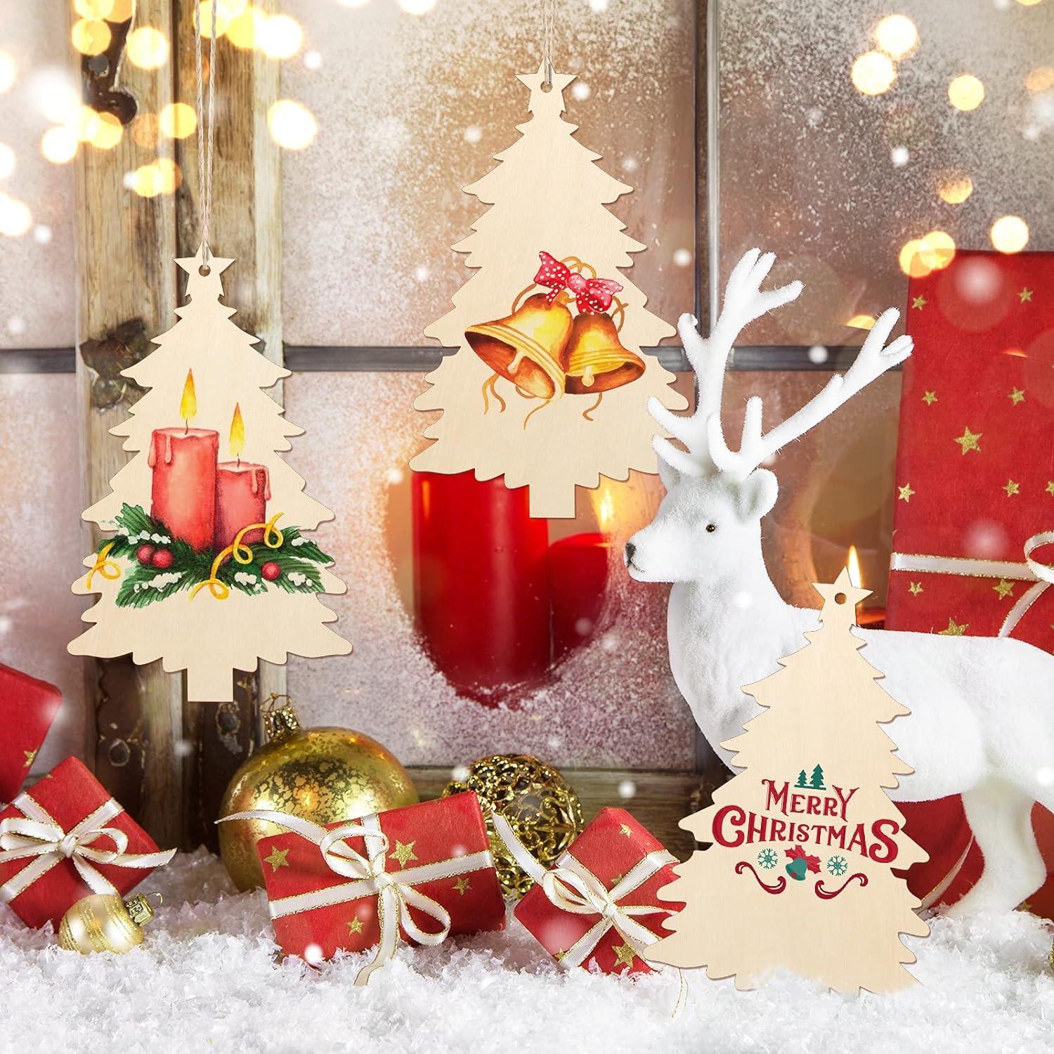 Curious Button 5 Pieces Unfinished Wooden Christmas Tree Style Hanging Ornament for DIY Home Decoration, MDF Cutouts, Perfect Wooden Cutouts for Home Decor, Charming Wooden Hanging Ornaments (7x4.3IN) - Haoser