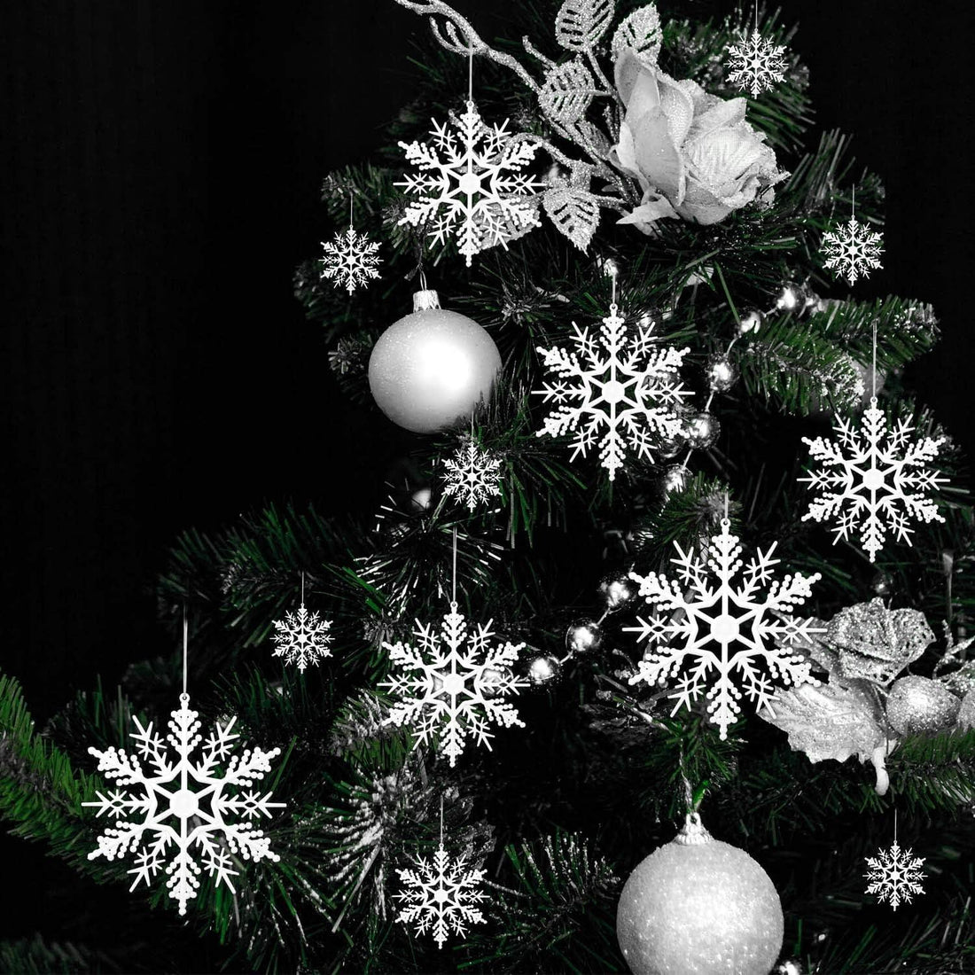 Haoser Christmas Tree Decoration Snowflake Ornaments - 4 Pack White Glitter Snowflake Christmas Hanging Ornaments for Xmas Holiday New Year Winter Wonderland Home Party - Haoser