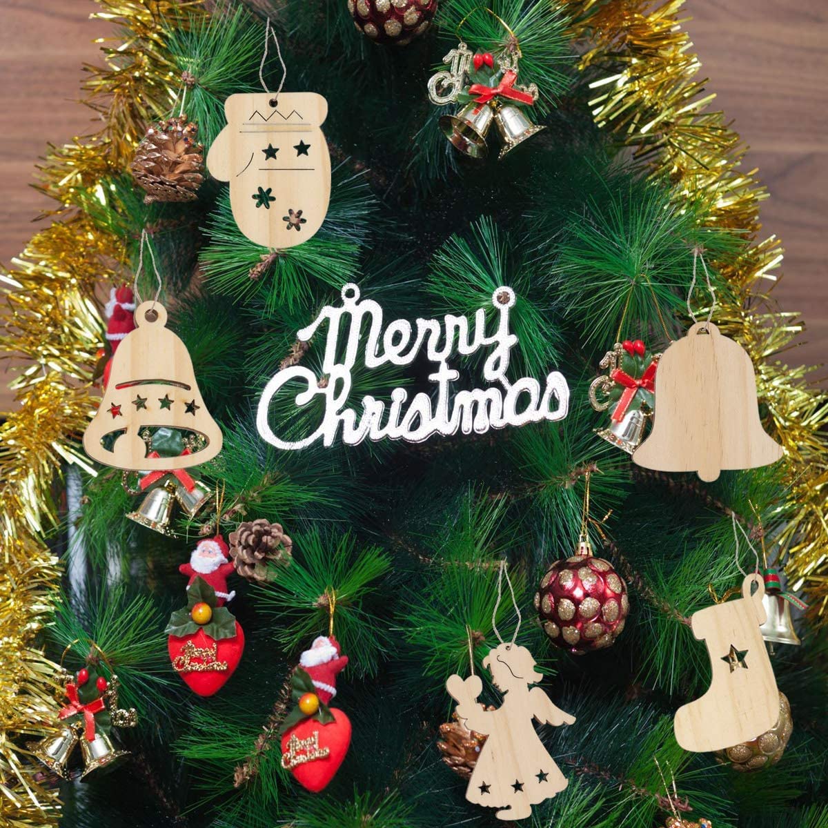 Haoser 10 PCS Bell Hanging Wooden Christmas Tree Ornaments – Rustic Holiday Decor for Christmas Trees & DIY Crafts