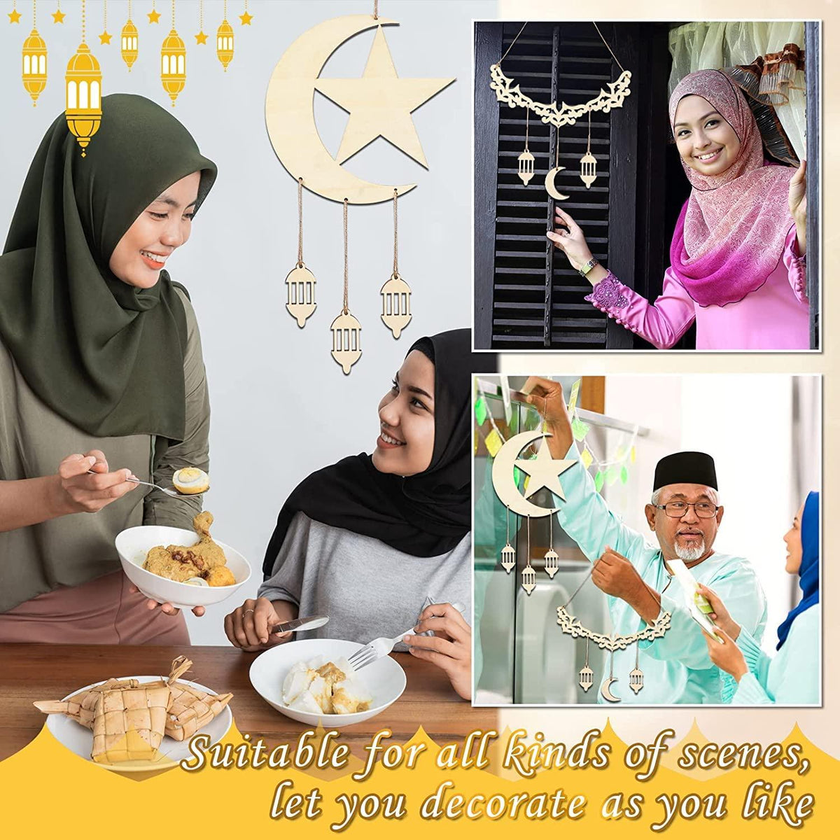 Haoser Illuminate Your Celebrations: Haoser 2-Piece Eid Mubarak Wooden Ornaments - Moon and Stars Decorations for Ramadan Kareem Eid Mubarak Home Decor Party Supplies - Haoser
