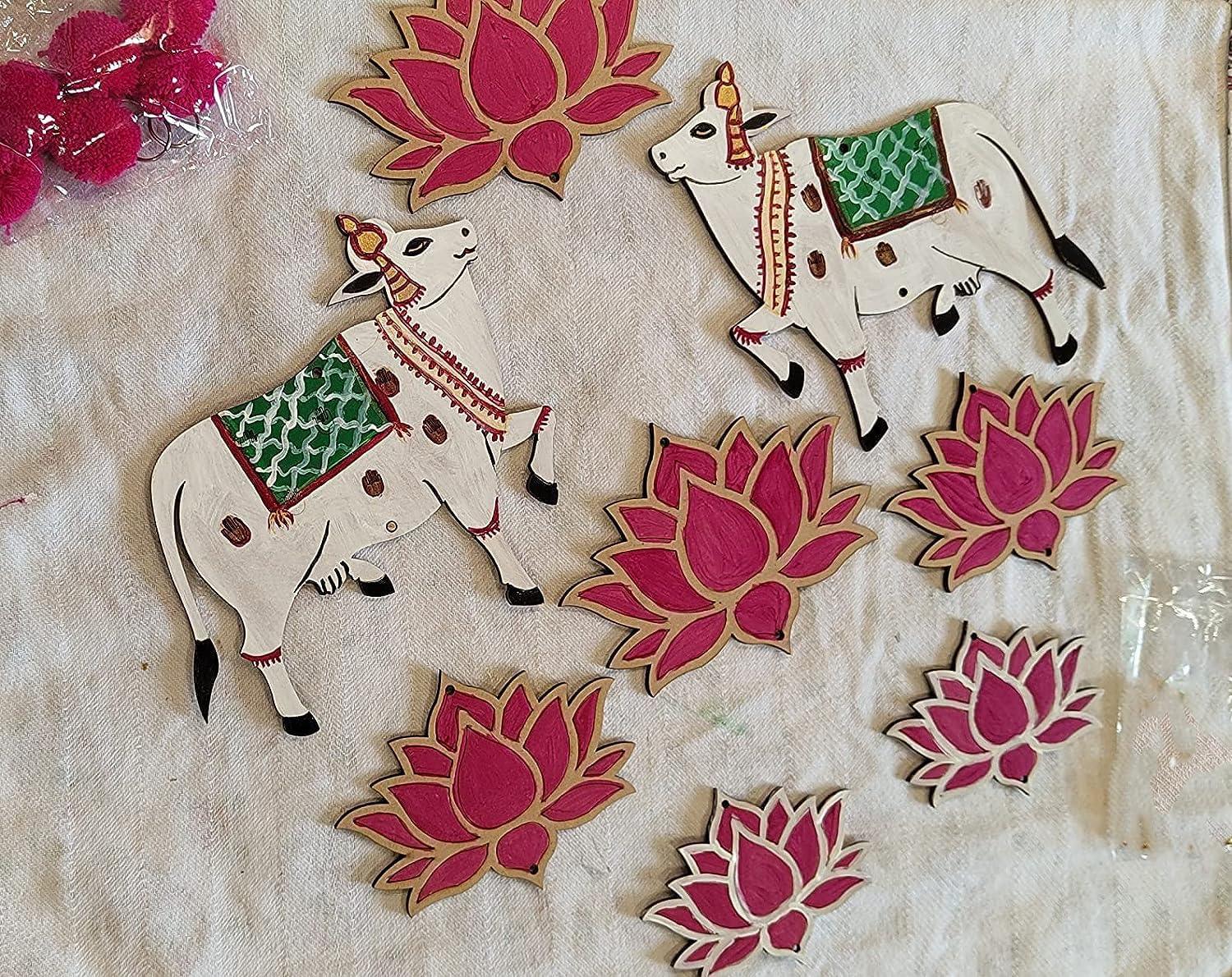Haoser Pichwai Painting MDF Cutouts,Pichwai Cow Cutouts,Art and Craft for Diwali Decorations,Lotus Cutouts,Hanging orgnaments for Craft kit,Wall Hanging Decor(only Cutouts) - Haoser