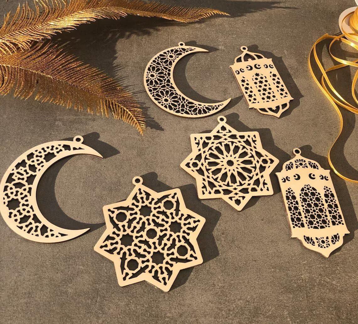 Curious button Set of 6 MDF Ramadan Mubarak Hanging Items Decoration|,Eid Decors,Ramadan Kareem Ramadan Decorations,Eid Gifts Islamic Table Decor Islamic Wall Art Ramadan Mubarak - Haoser