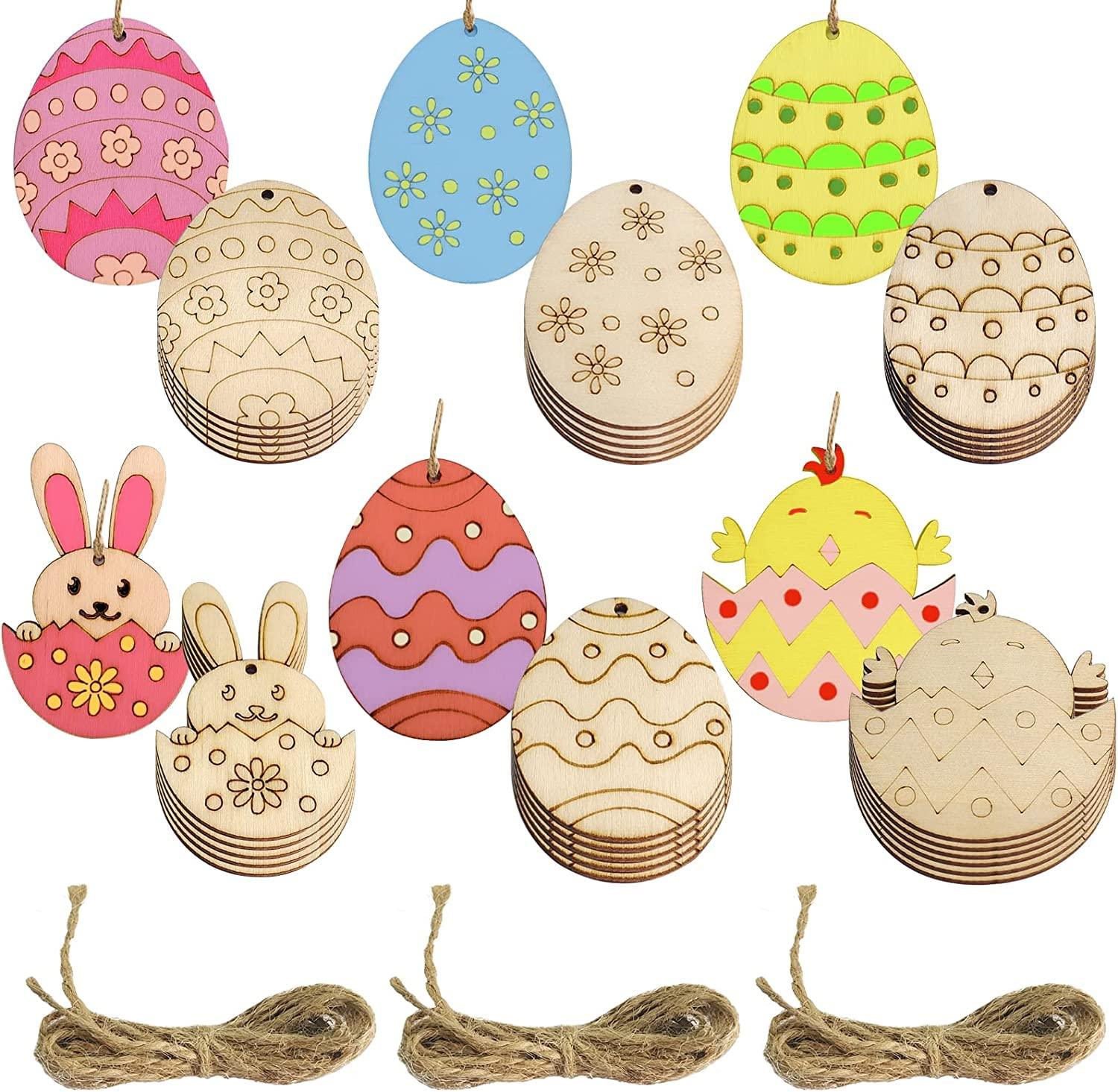Haoser 12 Pieces Easter Egg Wooden Cutout Unfinished Wood Egg Slices Easter Wooden DIY Paint Crafts Hanging Embellishment with Twines for Easter Party Kids Painting Home Crafts Decorations Supplies - Haoser