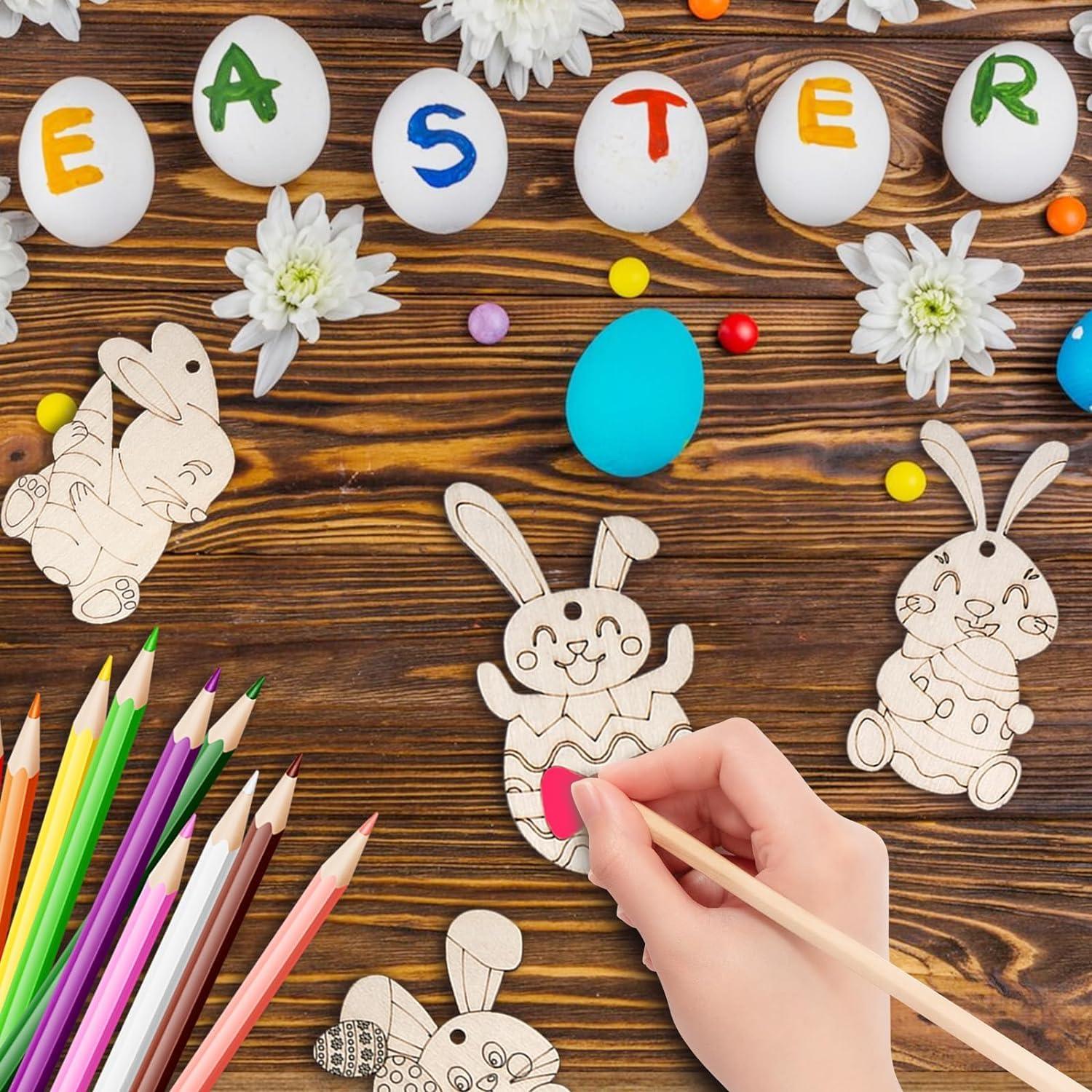Haoser Easter Unfinished Wooden Cutouts, 12 PCS 12 Styles Bunny Rabbit Hanging Ornaments, Blank Wood Cutouts for Crafts, Wooden Blank Paint Crafts for DIY Easter Spring Home Holiday School Decoration - Haoser