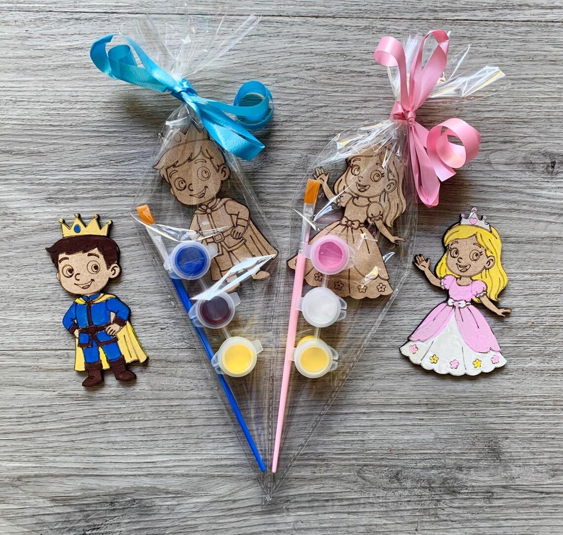 Pack of 4 Paint Your Own Princess or Prince Cone Kit | DIY Party Bag Filler | Return Gift for Kids | Princess Birthday Favour | Wooden MDF Craft Set with Paints & Brush | 4 Inch