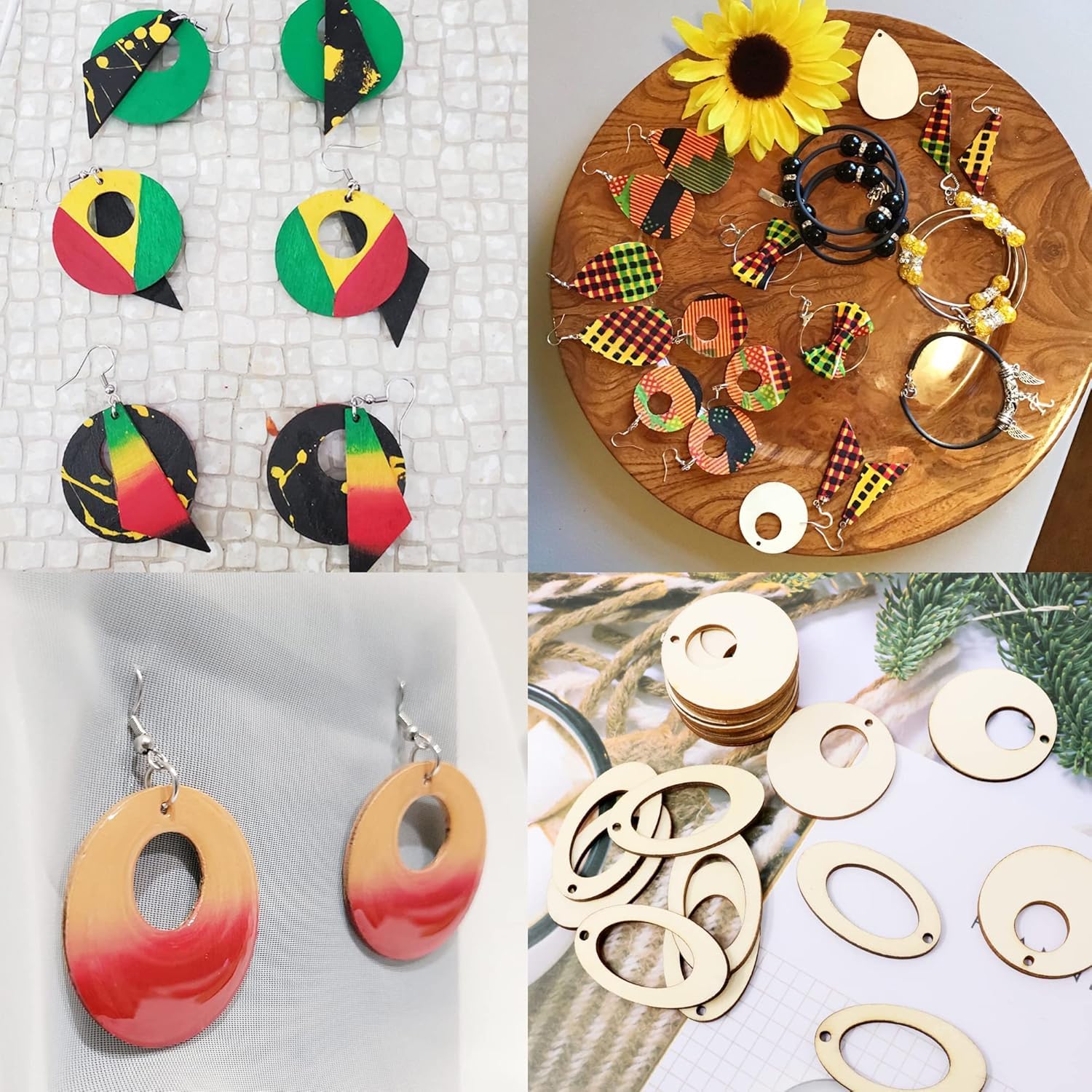 100 PCS Geometric Wooden Earring Pendants – 2 Styles Round & Oval