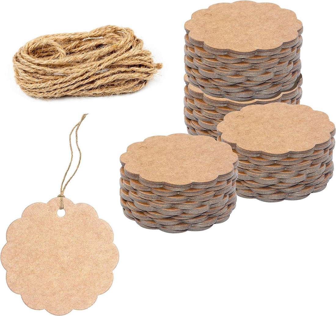 Haoser 50 PCS Kraft Scalloped Paper Gift Tags with Natural Jute Twine String for Arts Crafts Packaging (Label Measures 2.4? in Diameter) Tags for Craft - Haoser