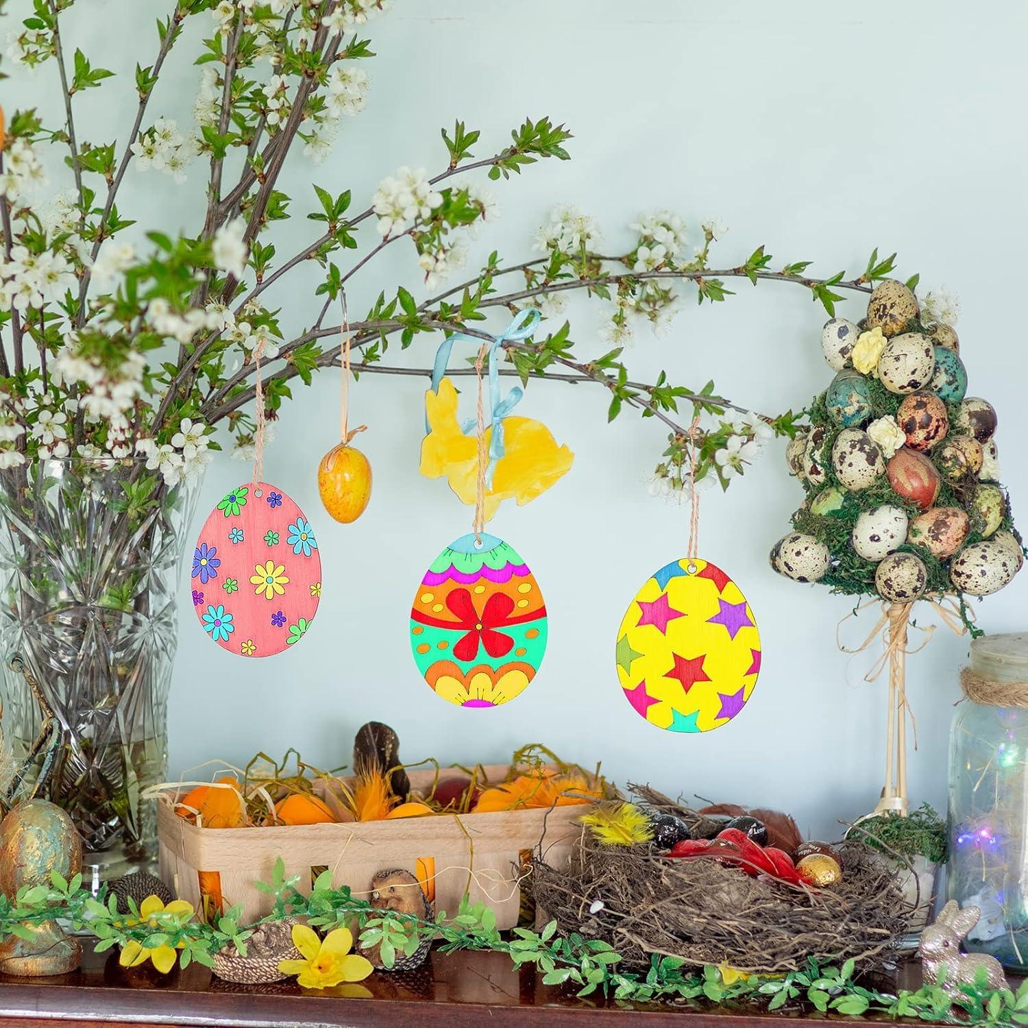 Haoser 16 PCS Easter Wooden Hanging Ornaments Unfinished Wood Slices Eggs Easter Crafts for Kids DIY Easter Decorations Party Supplies Decor - Haoser