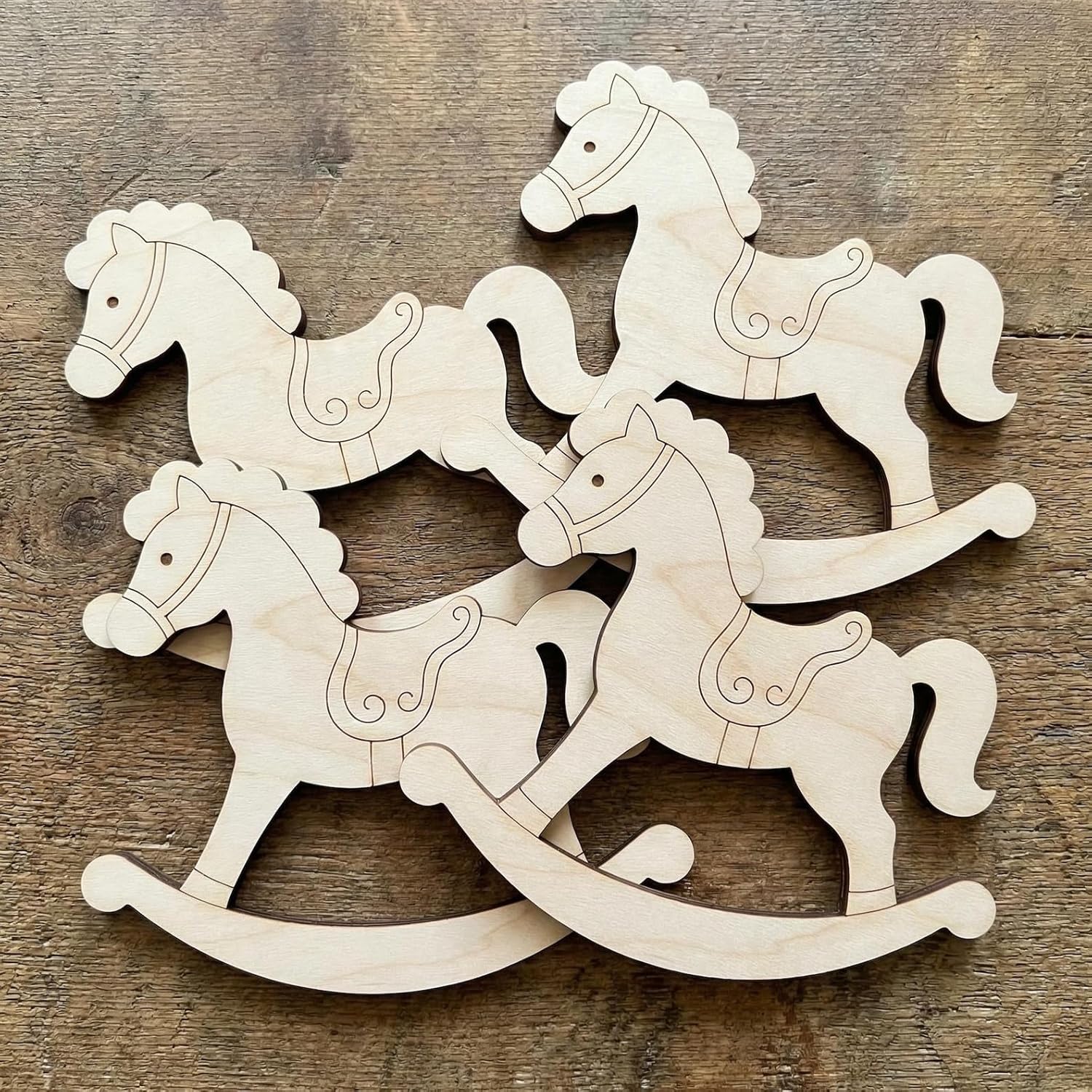 Set of 4 Wooden Rocking Horse Craft Blanks | 6 Inch Birch Plywood Cutouts