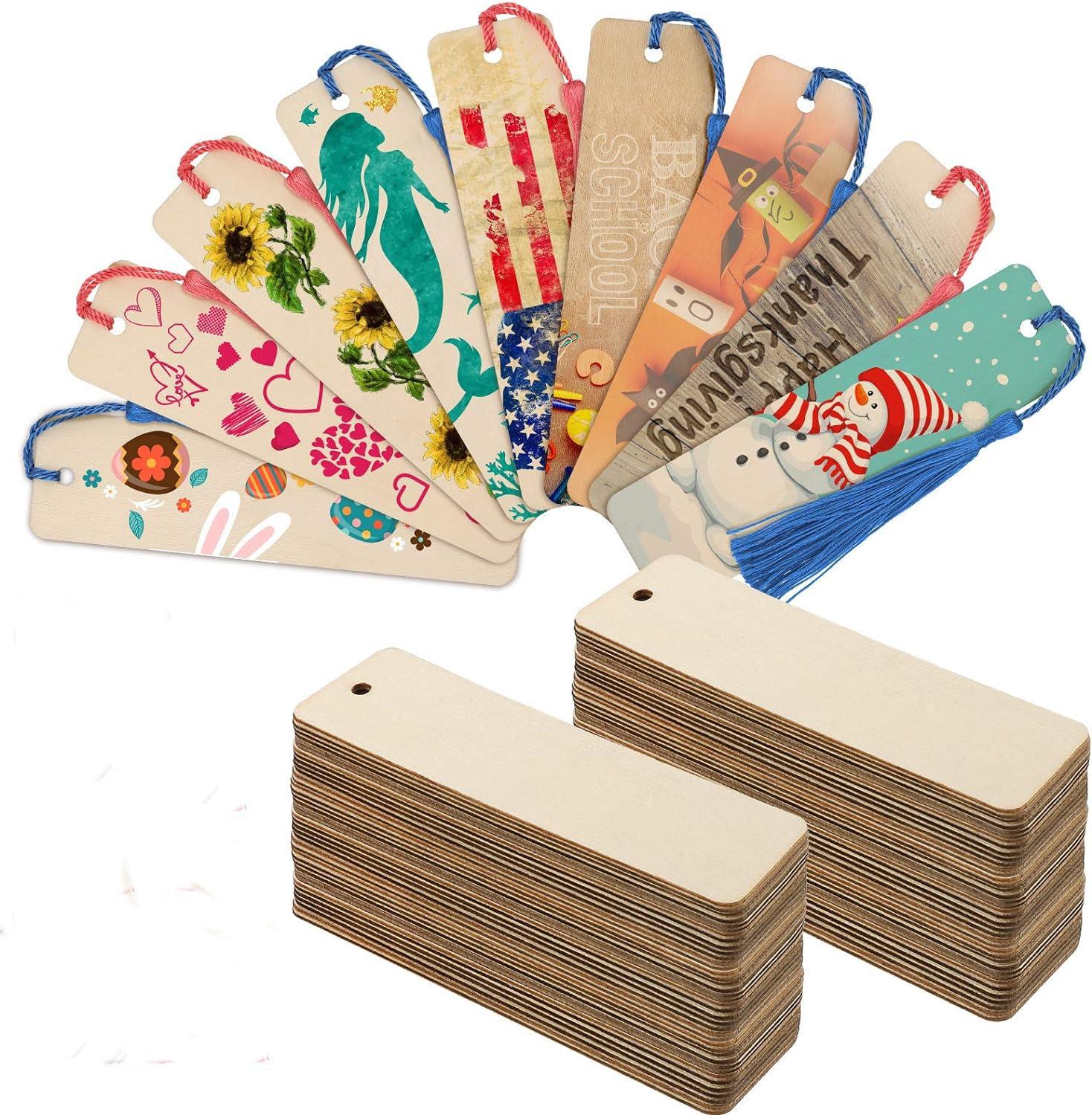 Haoser 36 Pieces Wood Bookmark Bulk Blank Bookmarks with 36 Pieces,Wooden Book Markers Rectangle Thin Hanging Tag with Holes for DIY Projects, 4.8 x 1.2 Inch - Haoser